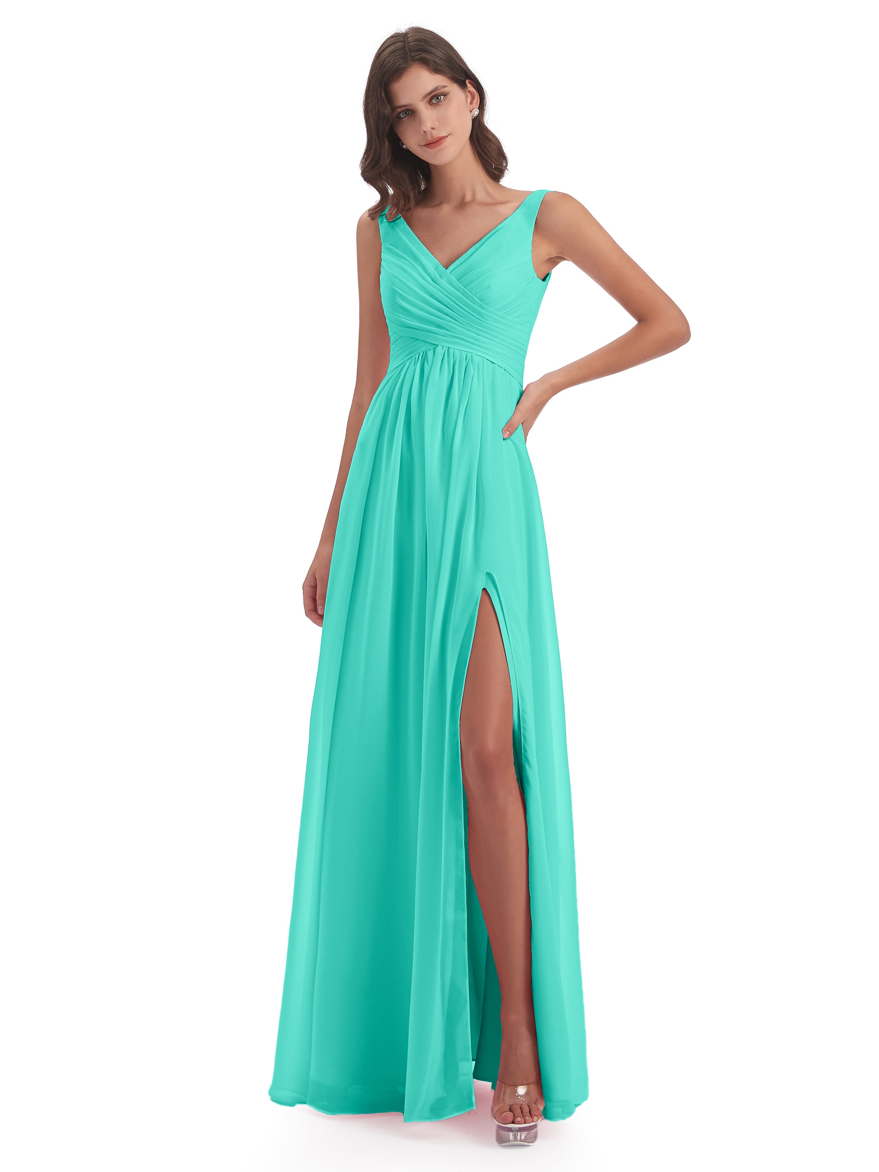Robes De Demoiselle D'Honneur Spa Col V Fendue Mousseline Robes Demoiselle D'Honneur