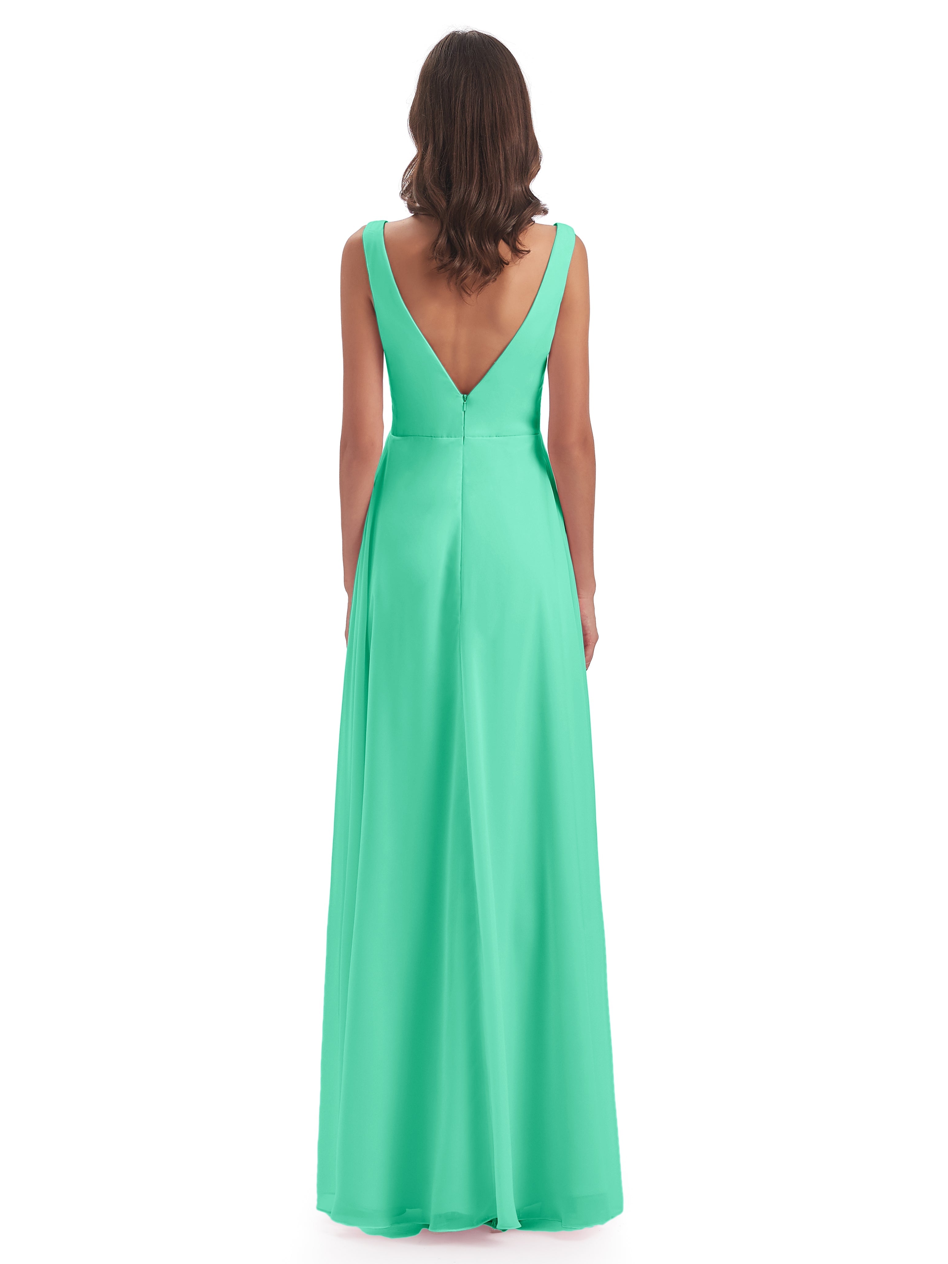 Robe Demoiselle D Honneur Bleu Turquoise Col V Fendue Mousseline Robes Demoiselle D'Honneur
