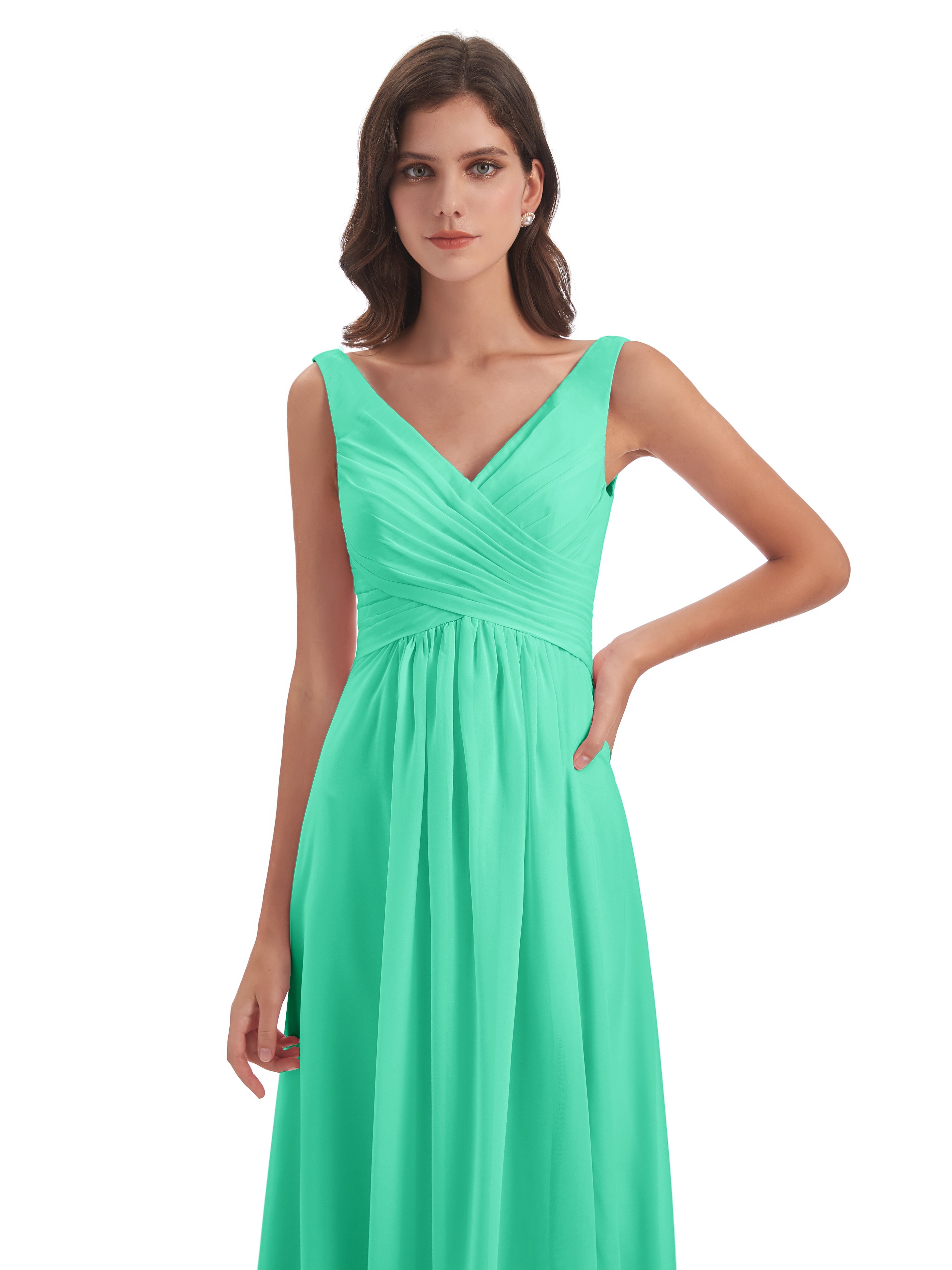 Robe Demoiselle D Honneur Bleu Turquoise Col V Fendue Mousseline Robes Demoiselle D'Honneur