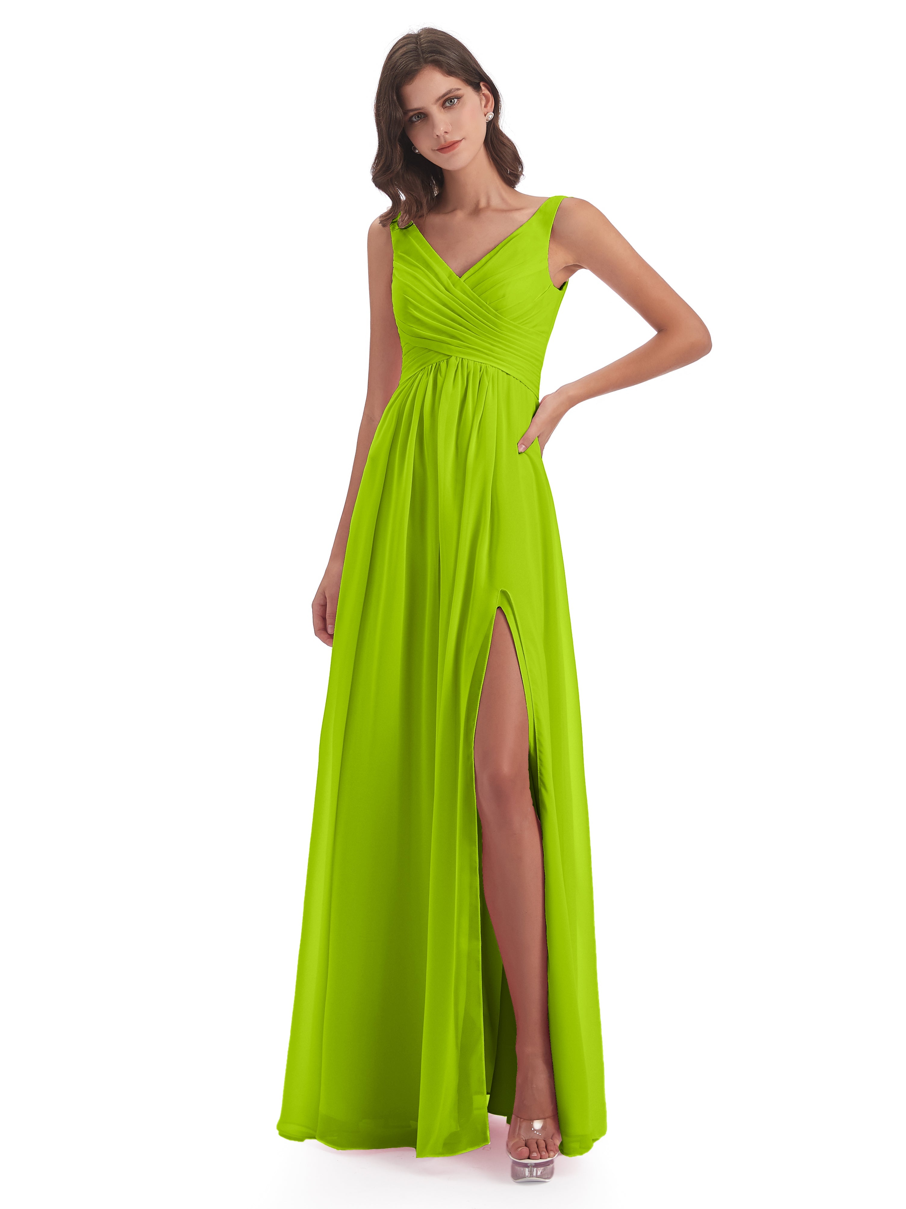 Robes De Demoiselle D'Honneur Vert Citron Col V Fendue Mousseline Robes Demoiselle D'Honneur