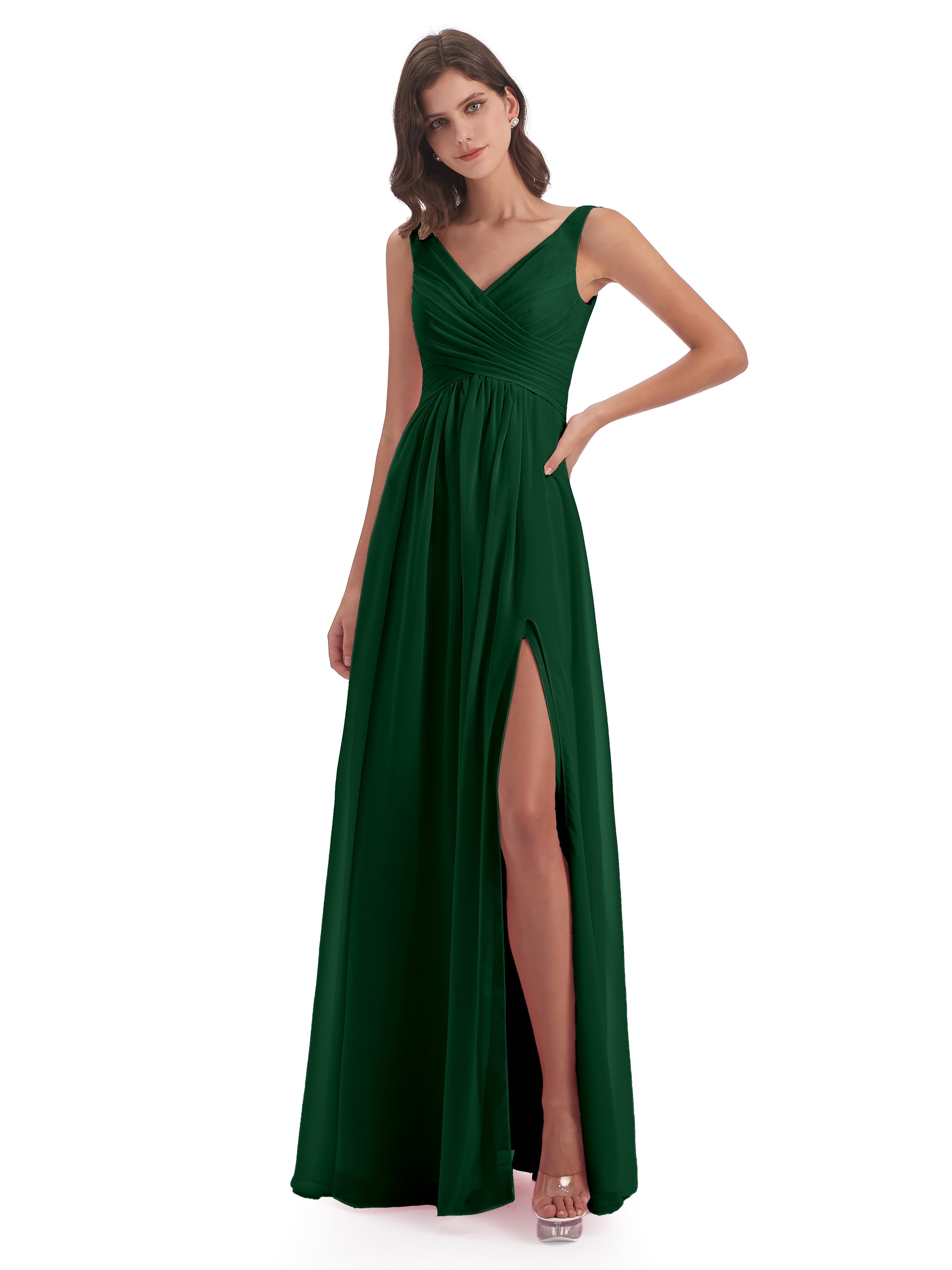 Robes De Demoiselle D'Honneur Vert Foncé Col V Fendue Mousseline Robes Demoiselle D'Honneur