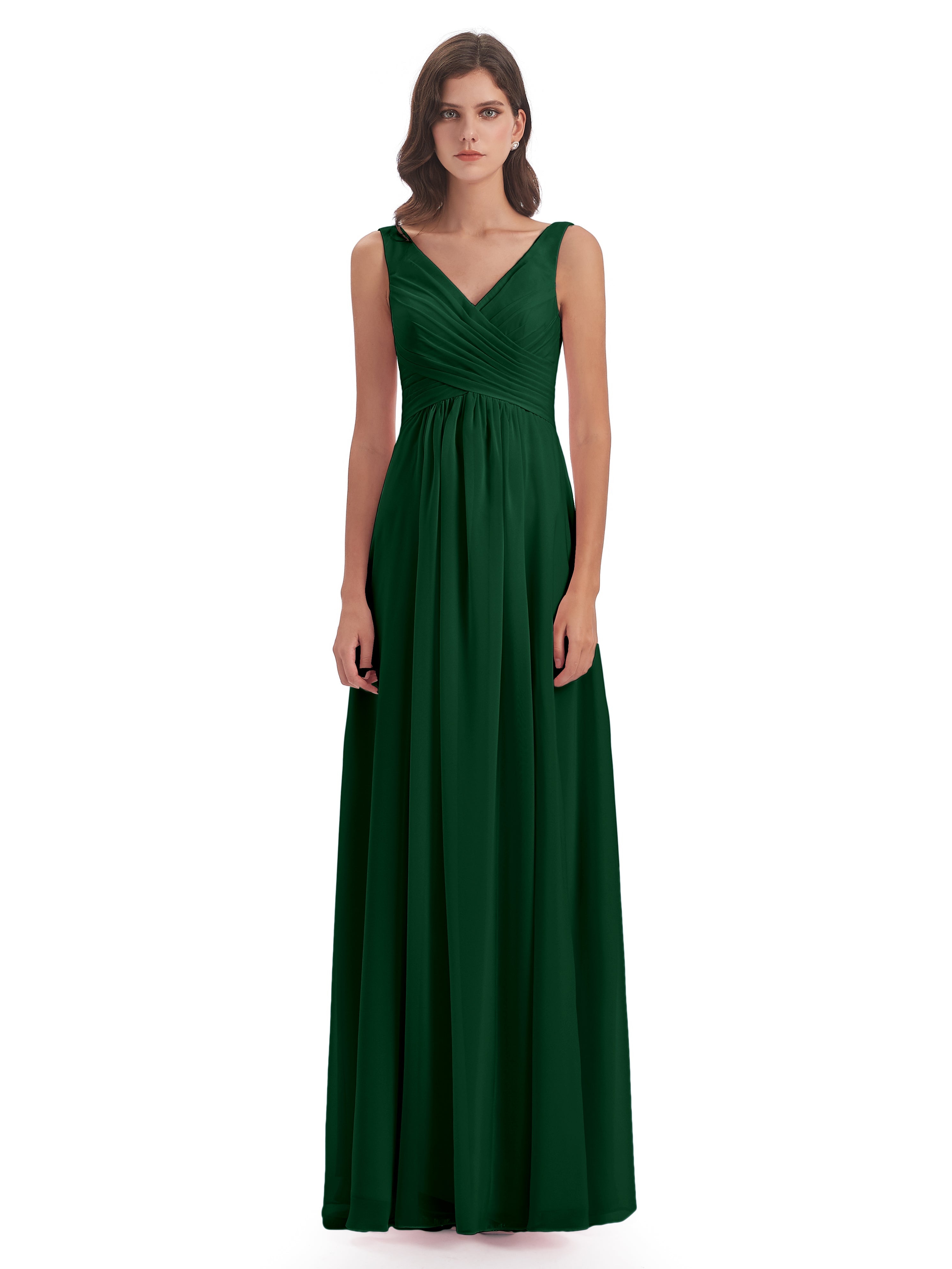 Robes De Demoiselle D'Honneur Vert Foncé Col V Fendue Mousseline Robes Demoiselle D'Honneur