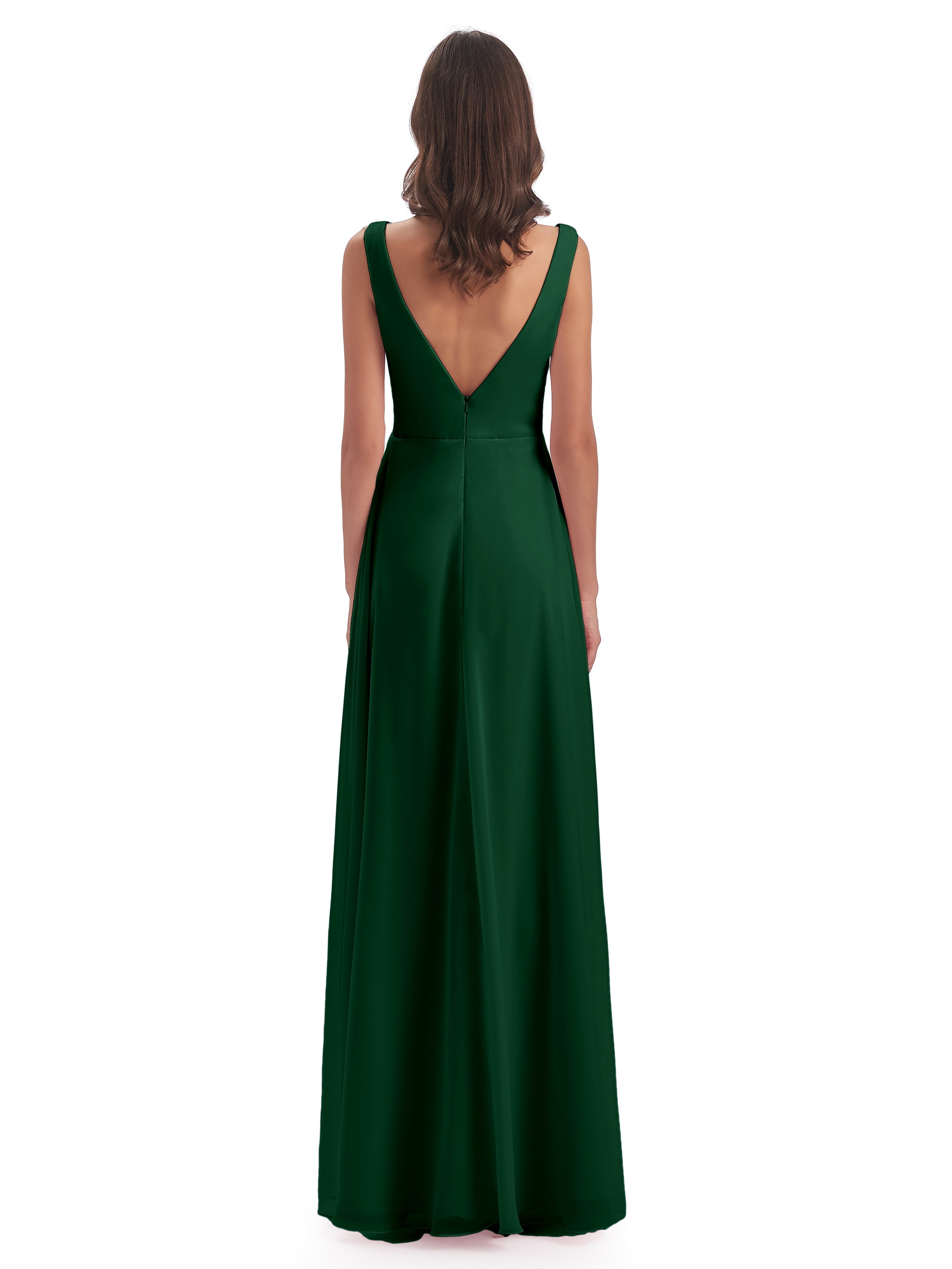 Robes De Demoiselle D'Honneur Vert Foncé Col V Fendue Mousseline Robes Demoiselle D'Honneur