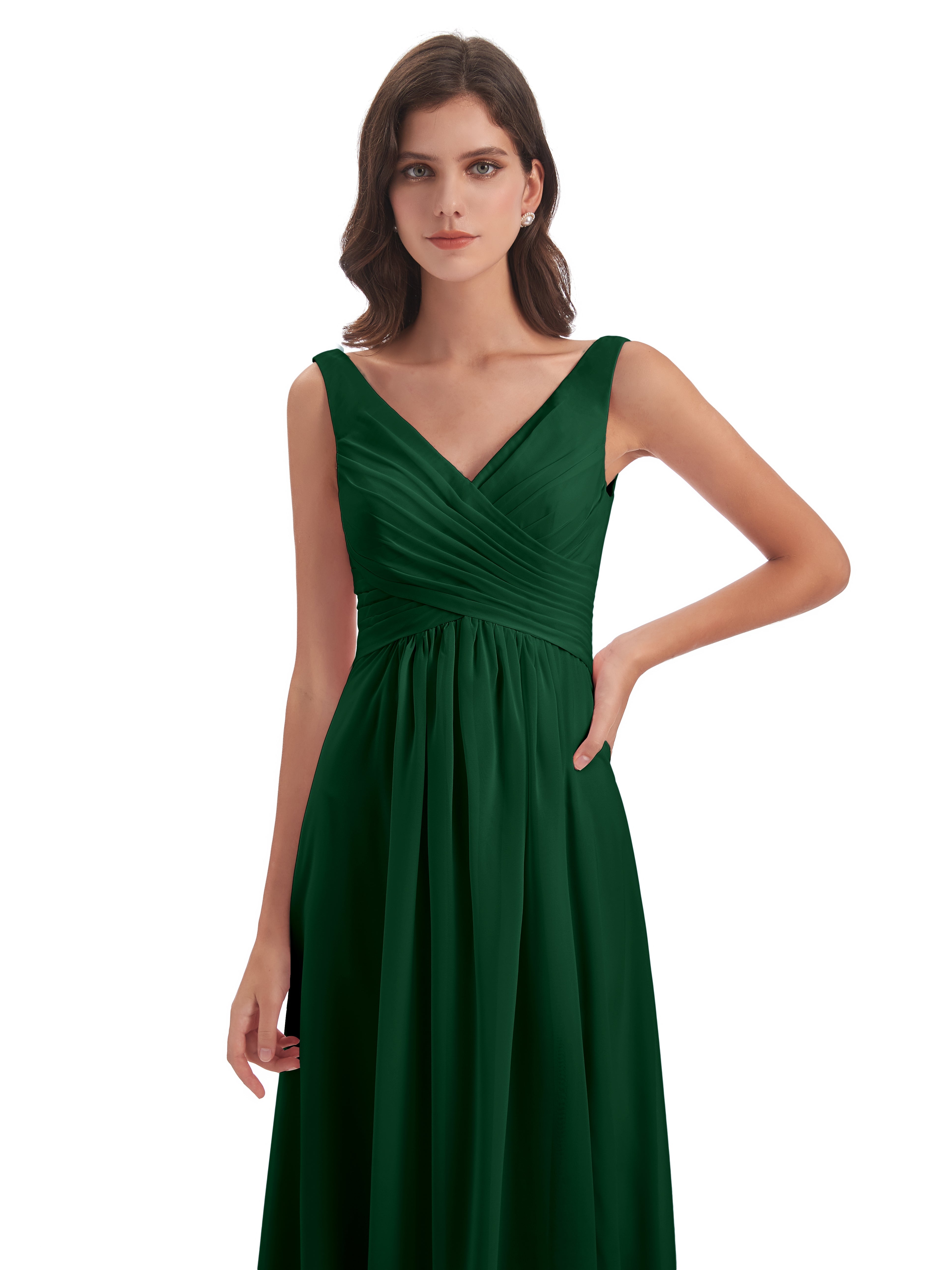 Robes De Demoiselle D'Honneur Vert Foncé Col V Fendue Mousseline Robes Demoiselle D'Honneur