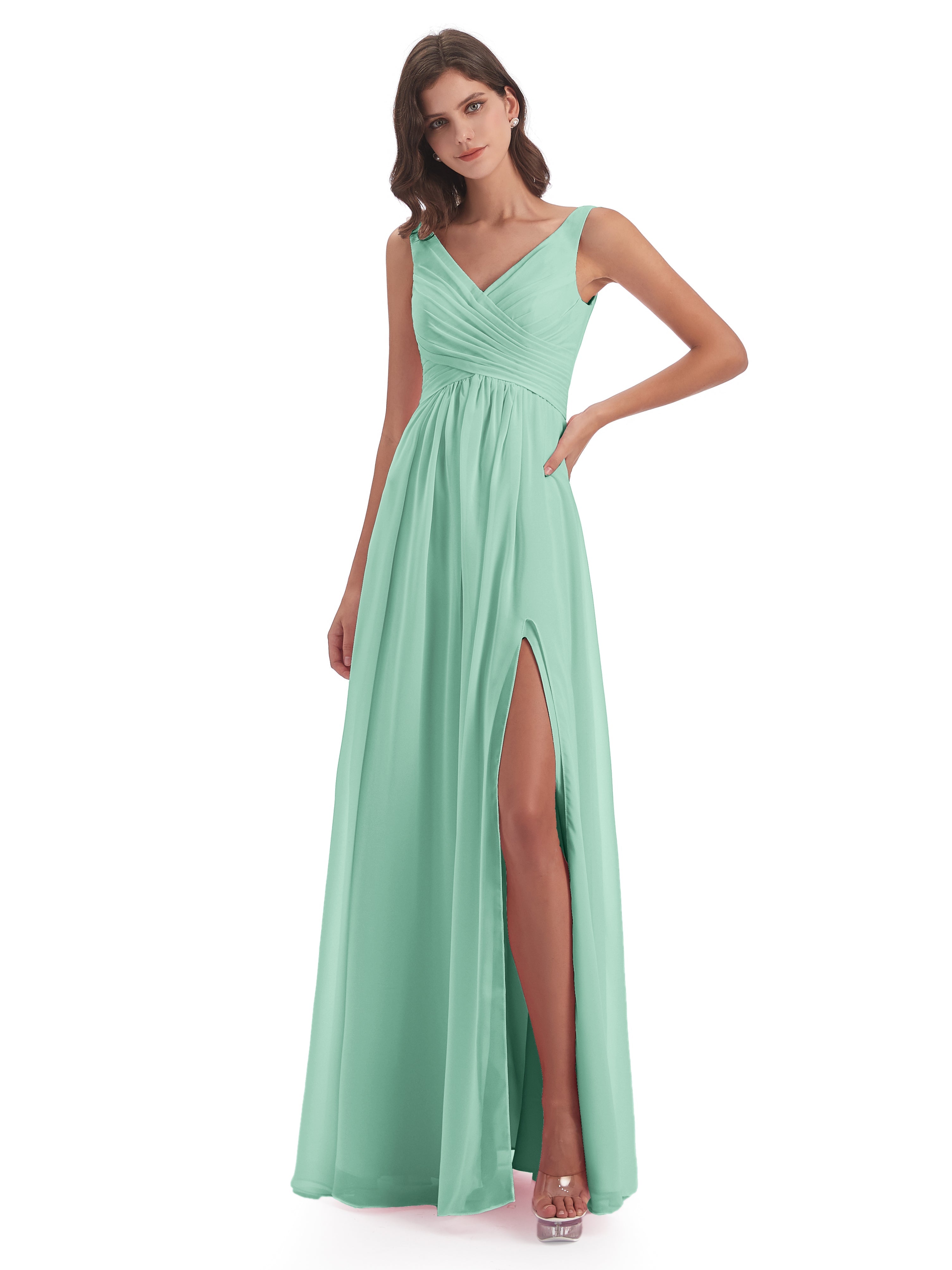 Robes De Demoiselle D'Honneur Vert Menthe Col V Fendue Mousseline Robes Demoiselle D'Honneur