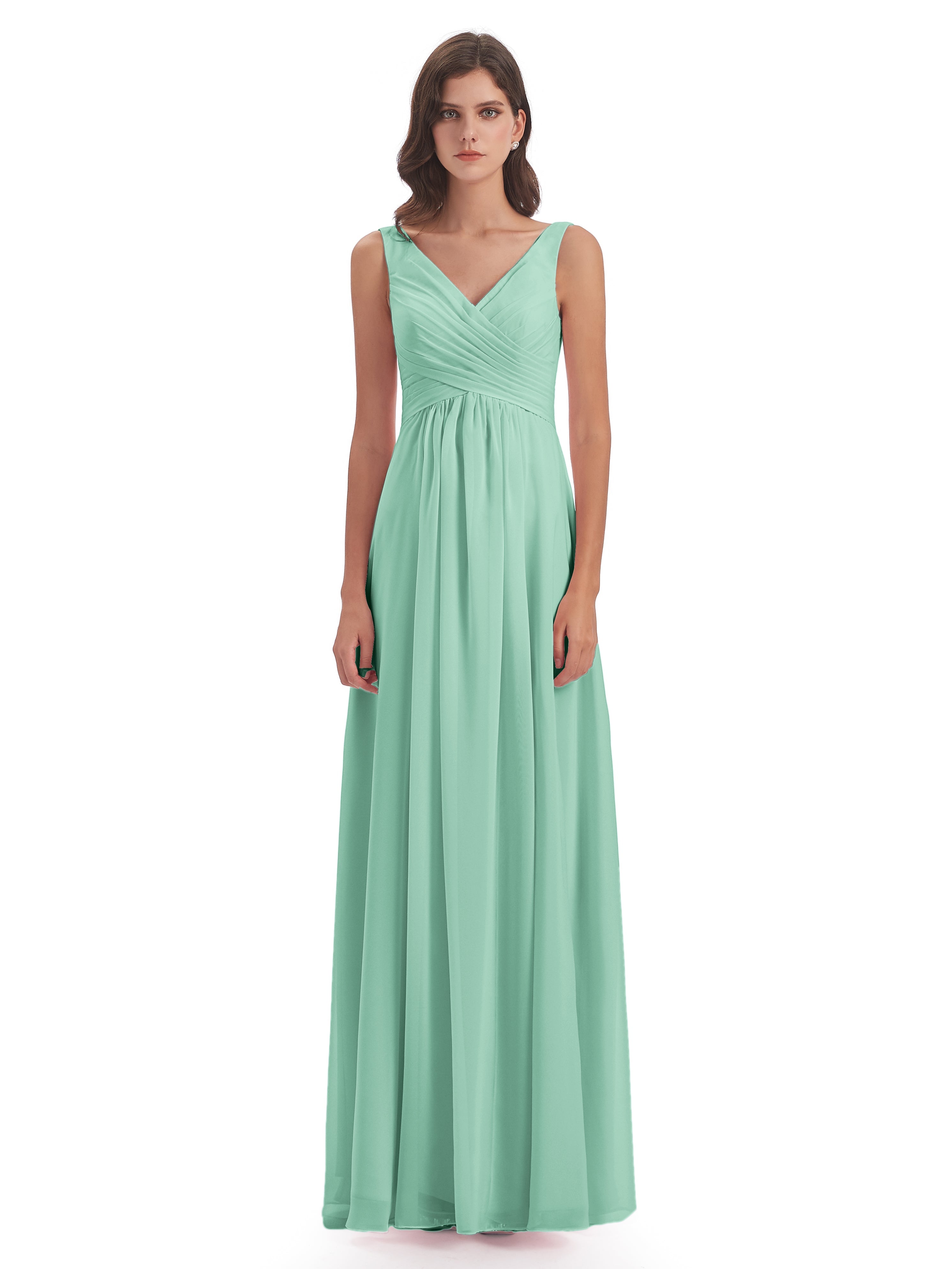 Robes De Demoiselle D'Honneur Vert Menthe Col V Fendue Mousseline Robes Demoiselle D'Honneur