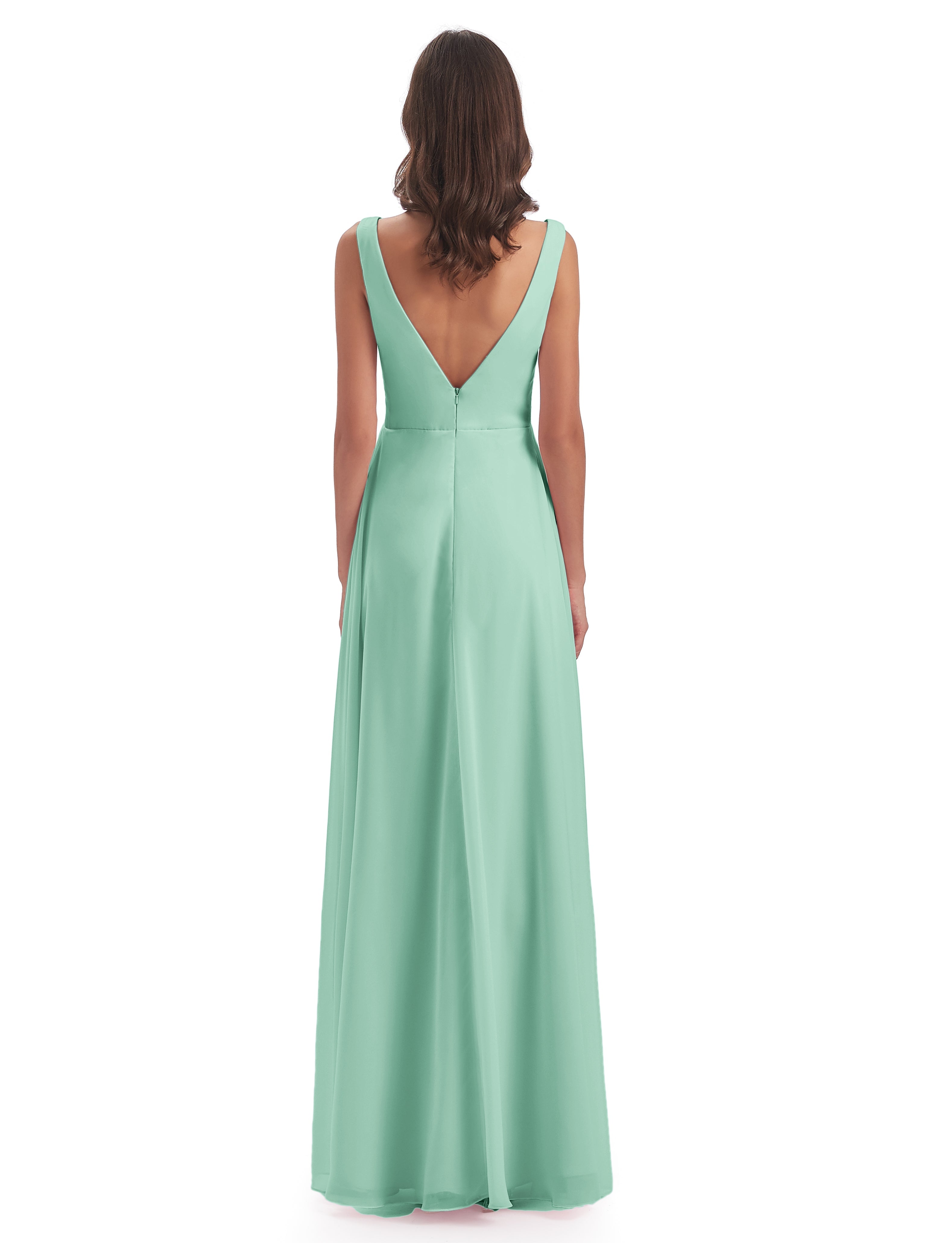 Robes De Demoiselle D'Honneur Vert Menthe Col V Fendue Mousseline Robes Demoiselle D'Honneur