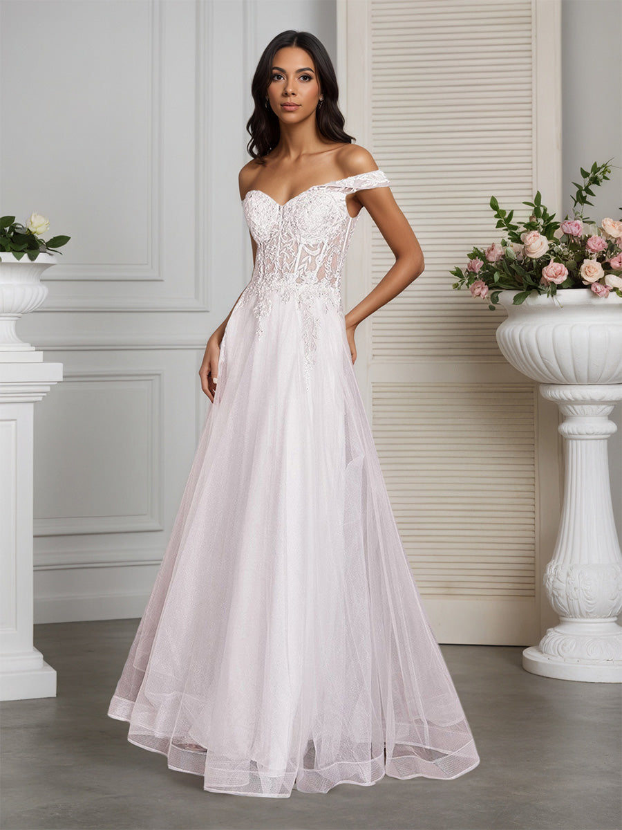 Cicinia Robe de Mariée A-Line Épaules Dénudées Appliqués Transparente