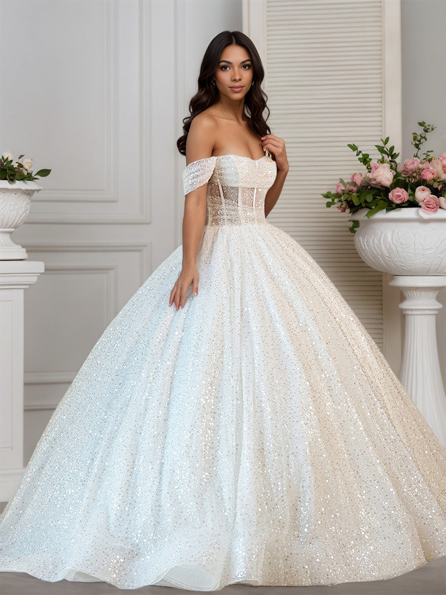 Cicinia Robe de Mariée A-Line en Tulle à Paillettes Épaules Dénudées Taille Transparente Époustouflante