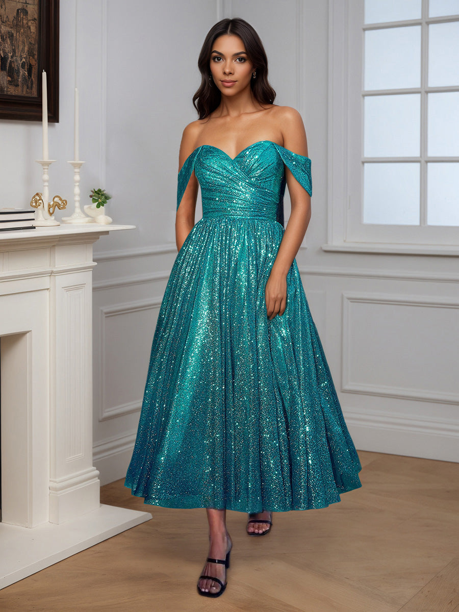Cicinia Robe de Soirée Jade en Tulle à Paillettes Épaules Dénudées Longueur Cheville