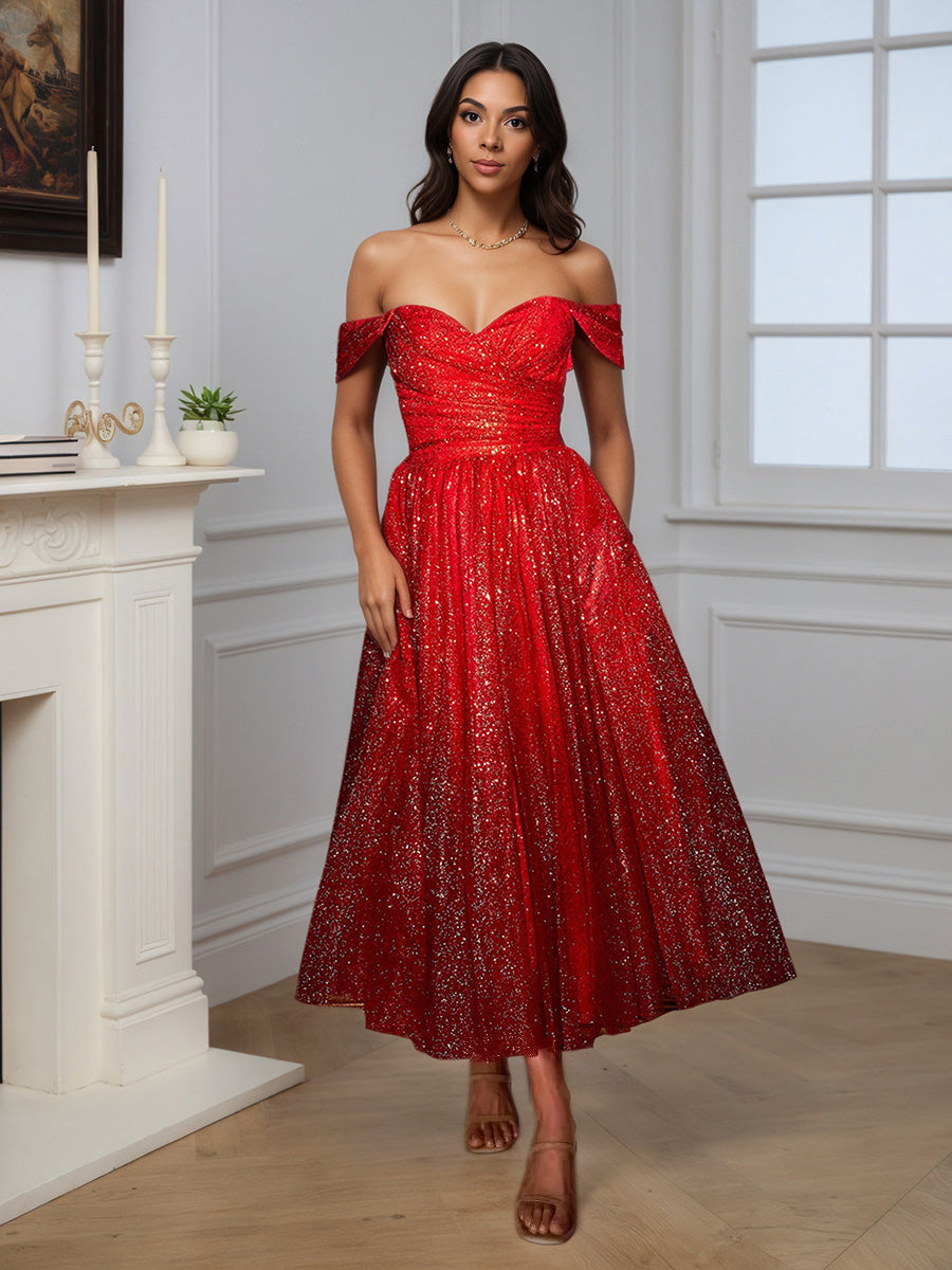 Cicinia Robe de Soirée BORDEAUX en Tulle à Paillettes Épaules Dénudées Longueur Cheville