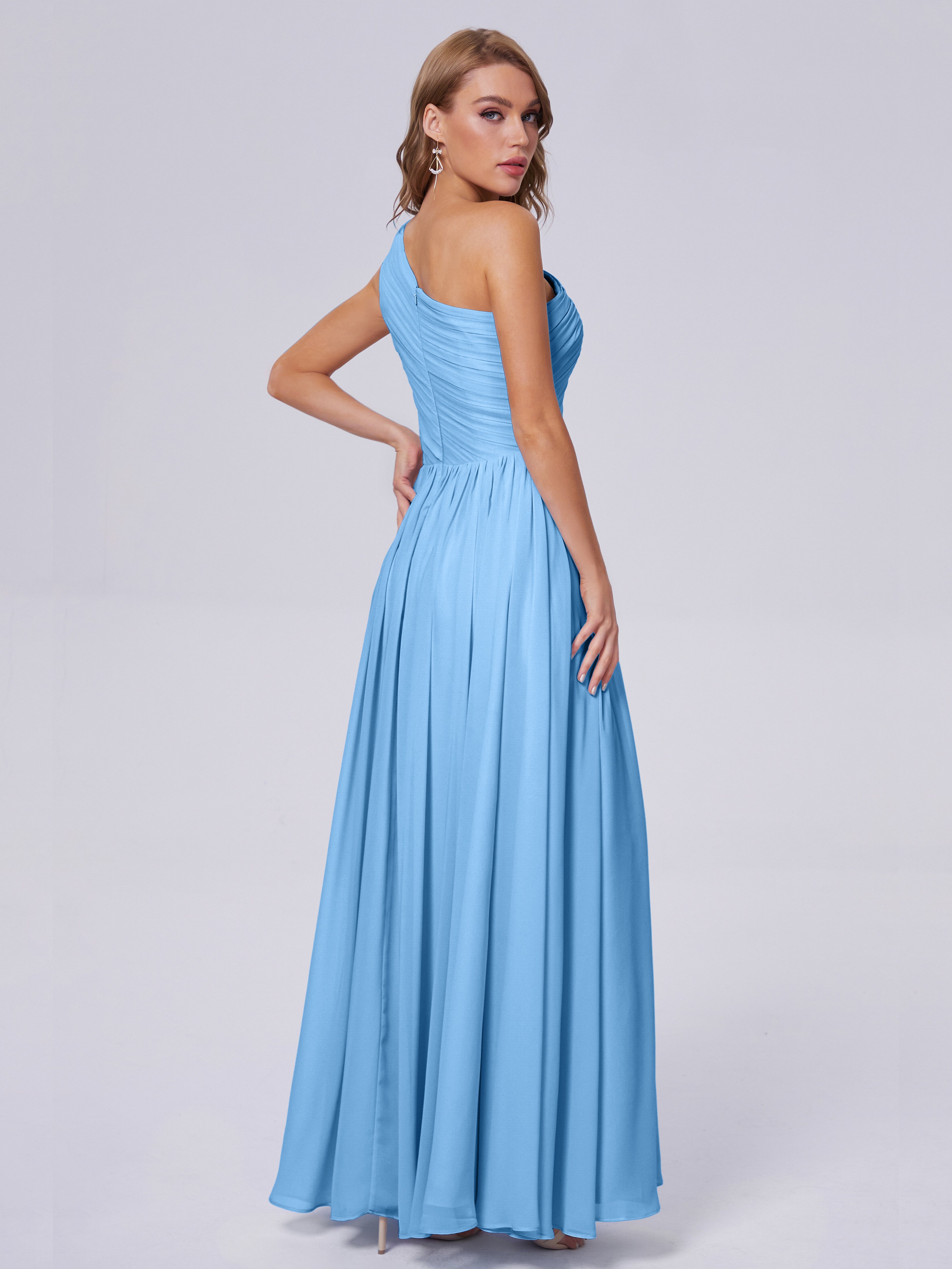 Robe Bleu Demoiselle D Honneur Seule-Épaule Mousseline Robes Demoiselle D'Honneur