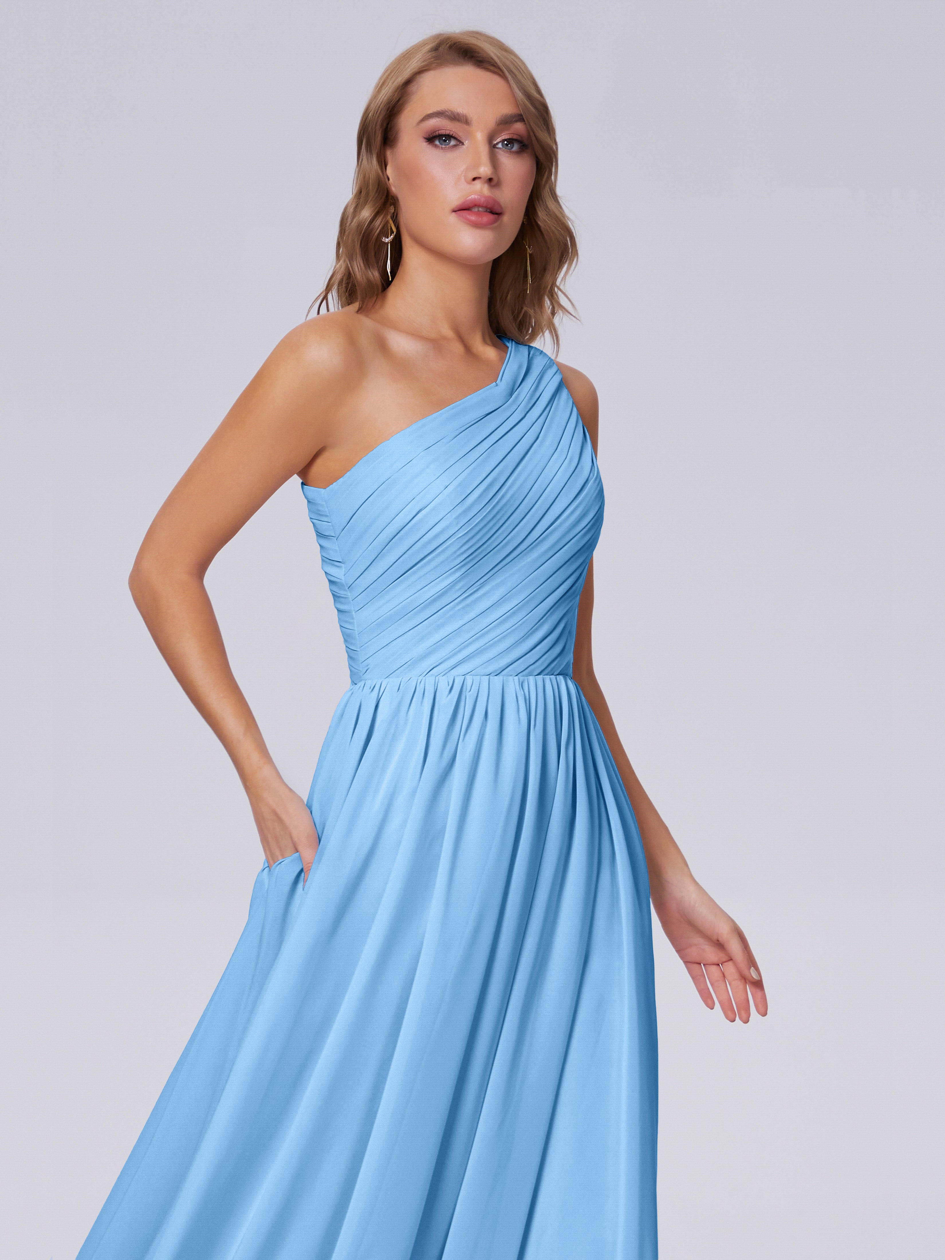 Robe Bleu Demoiselle D Honneur Seule-Épaule Mousseline Robes Demoiselle D'Honneur