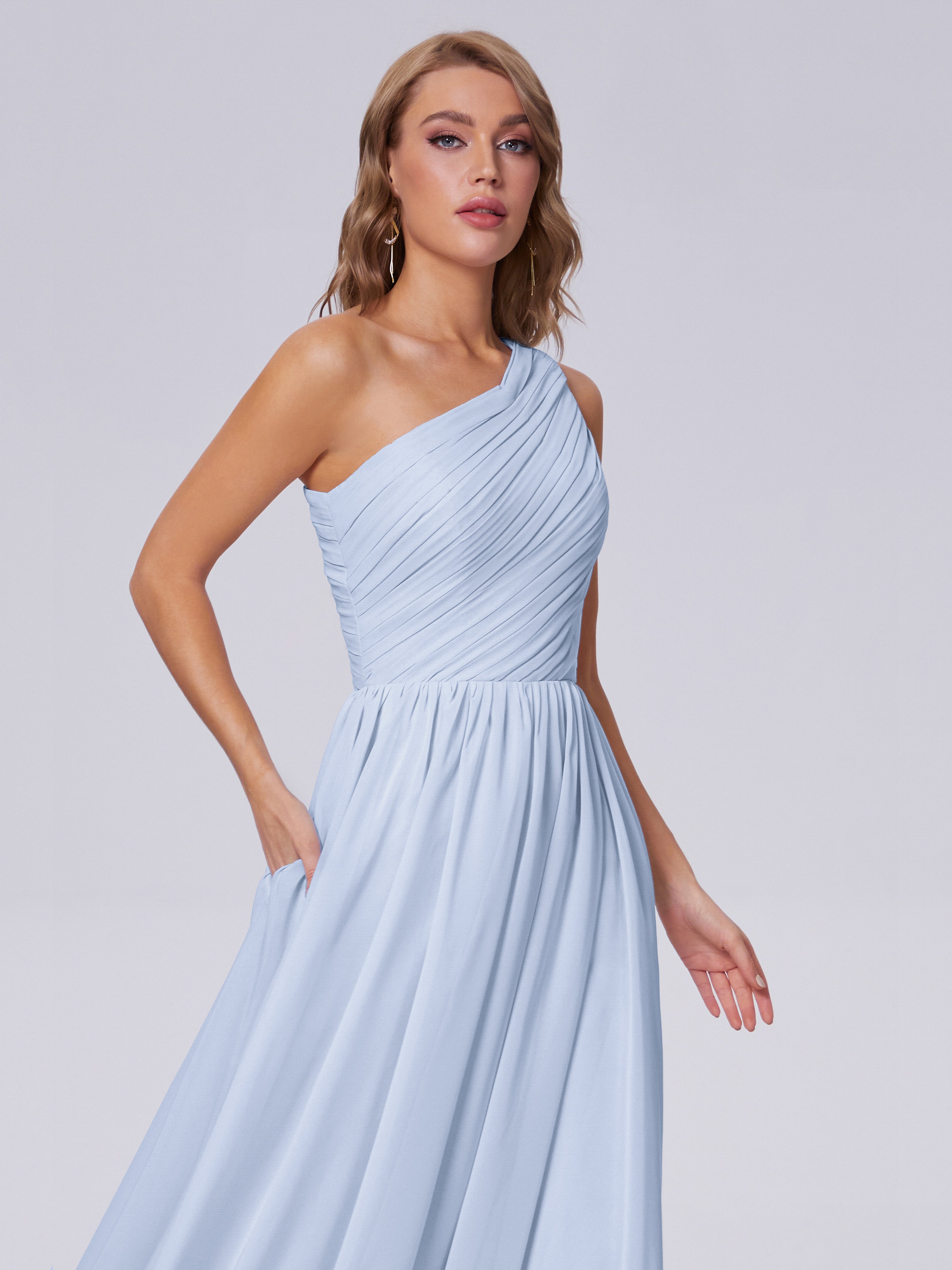 Robe Demoiselle D Honneur Bleue Ciel Seule-Épaule Mousseline Robes Demoiselle D'Honneur