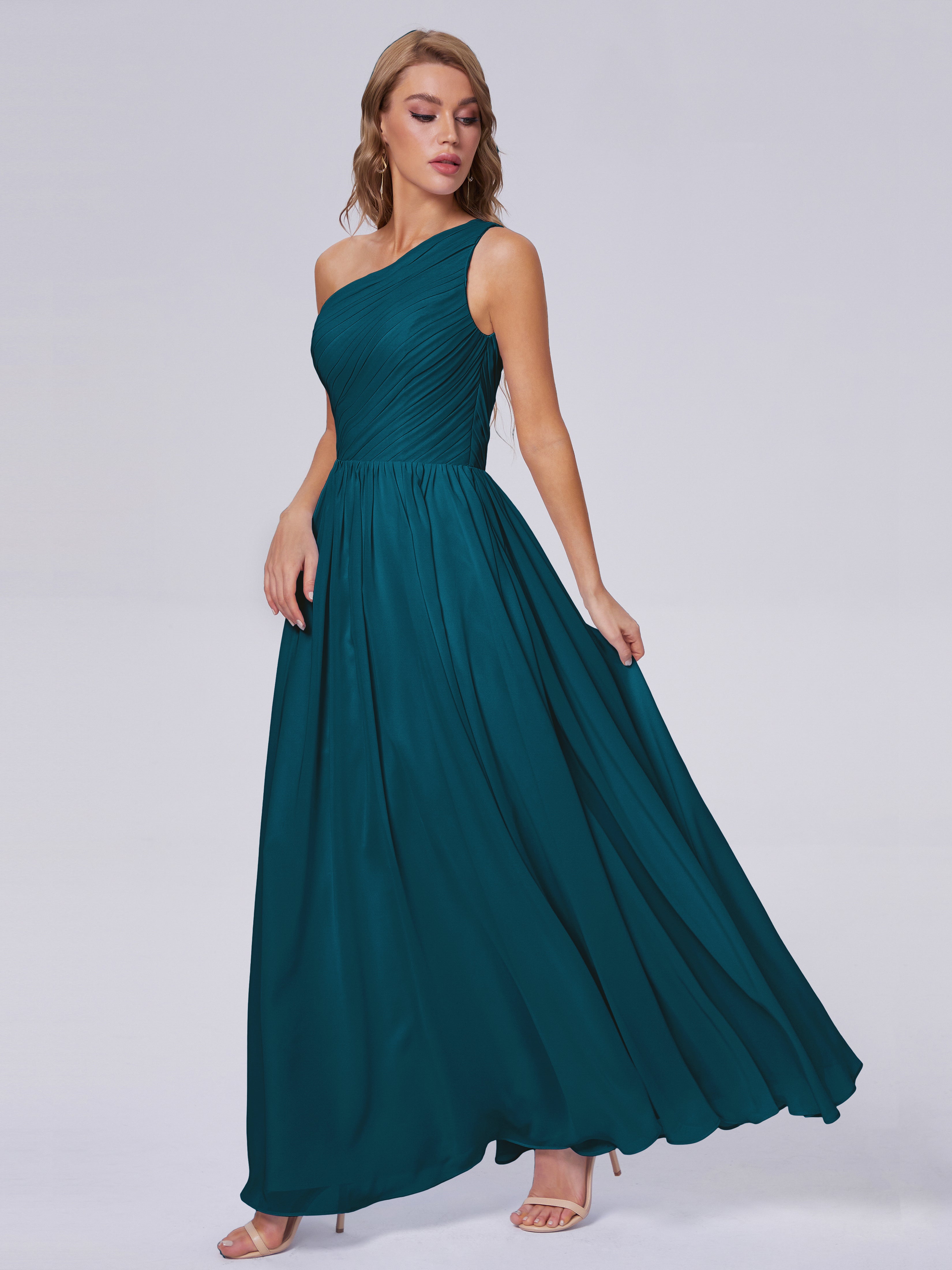 Robes De Demoiselle D'Honneur Bleu Encre Seule-Épaule Mousseline Robes Demoiselle D'Honneur