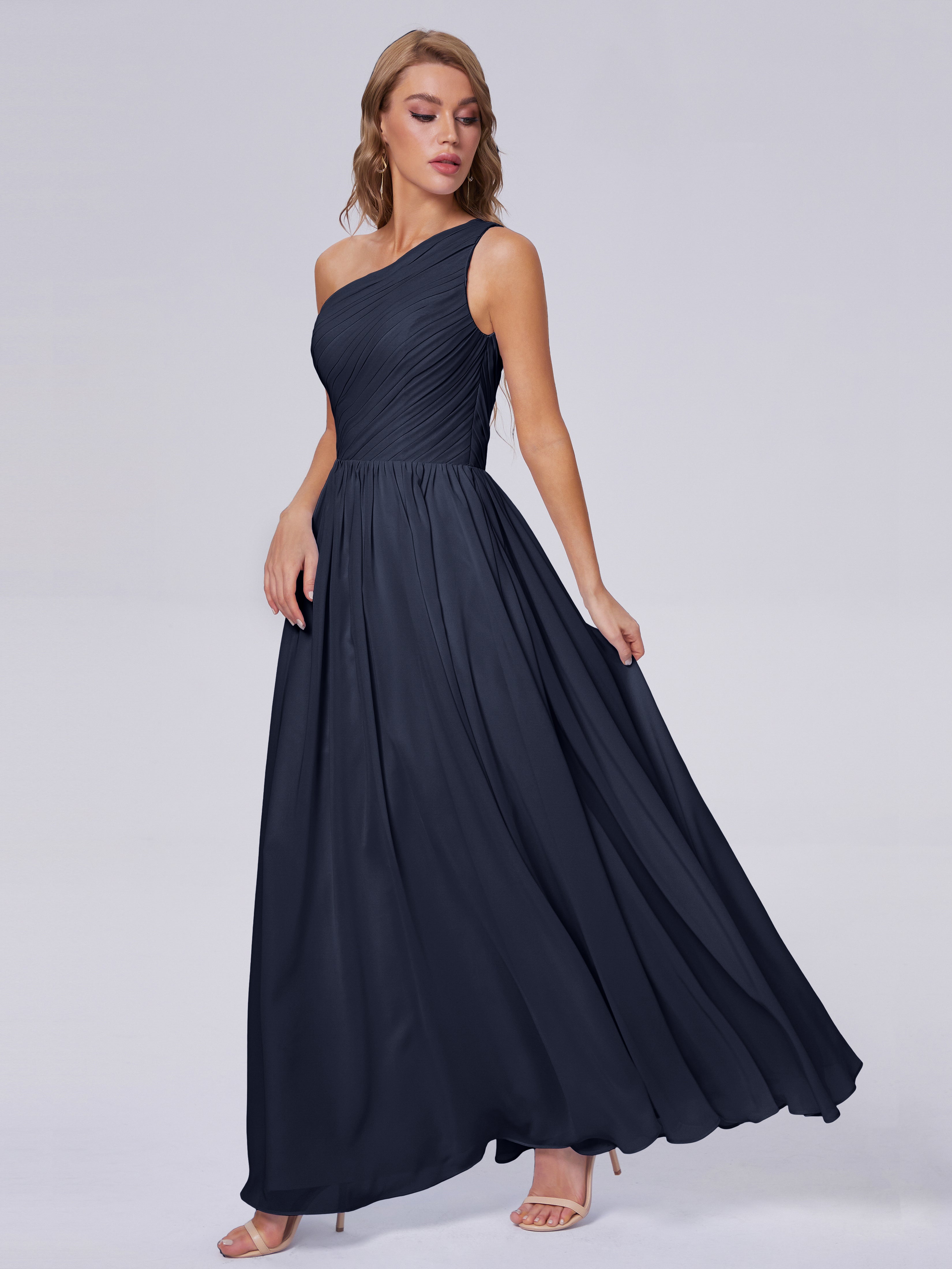 Robes De Demoiselle D'Honneur Bleu Marine Foncé Seule-Épaule Mousseline Robes Demoiselle D'Honneur