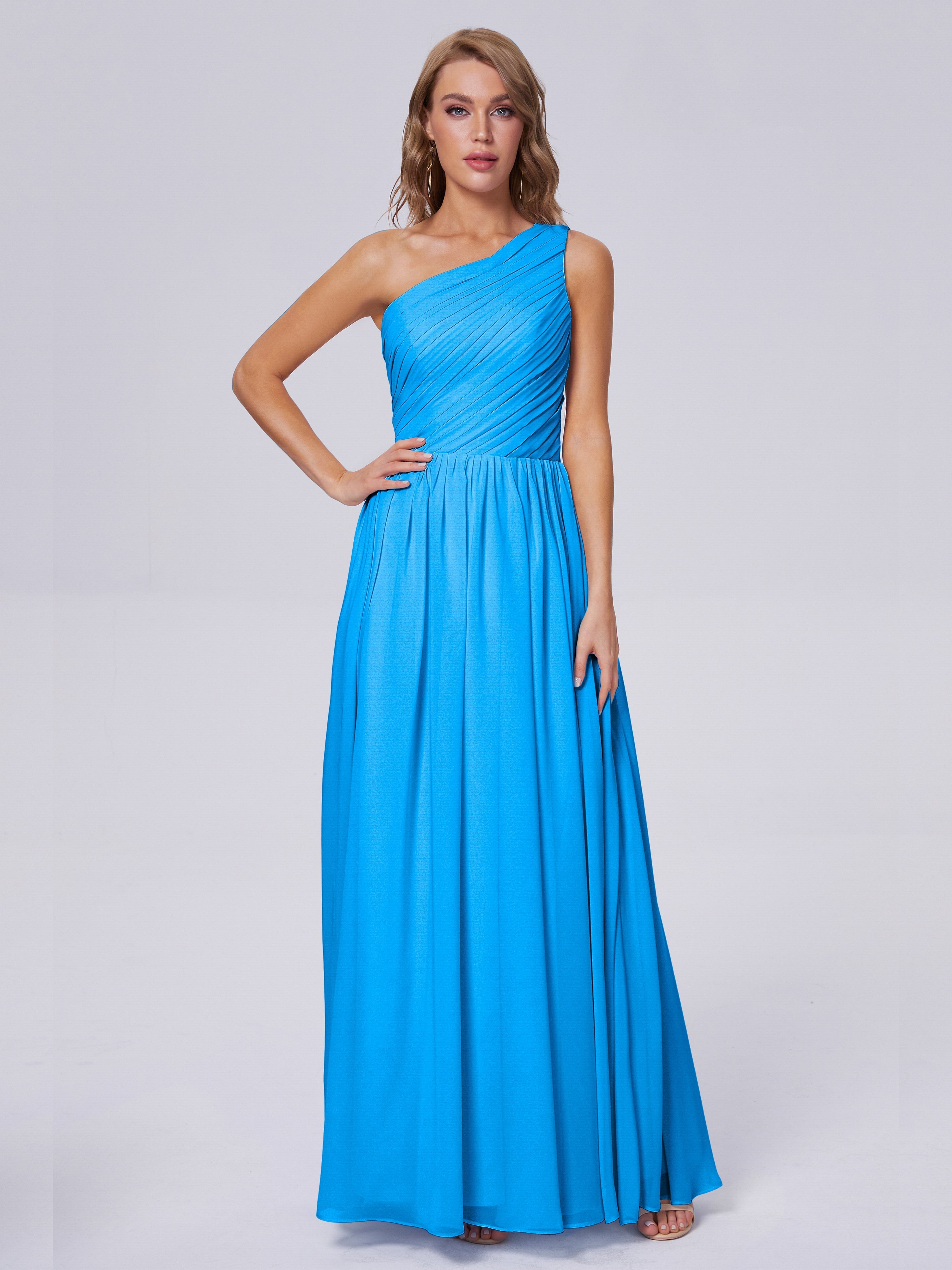 Robes De Demoiselle D'Honneur Bleu Océan Seule-Épaule Mousseline Robes Demoiselle D'Honneur