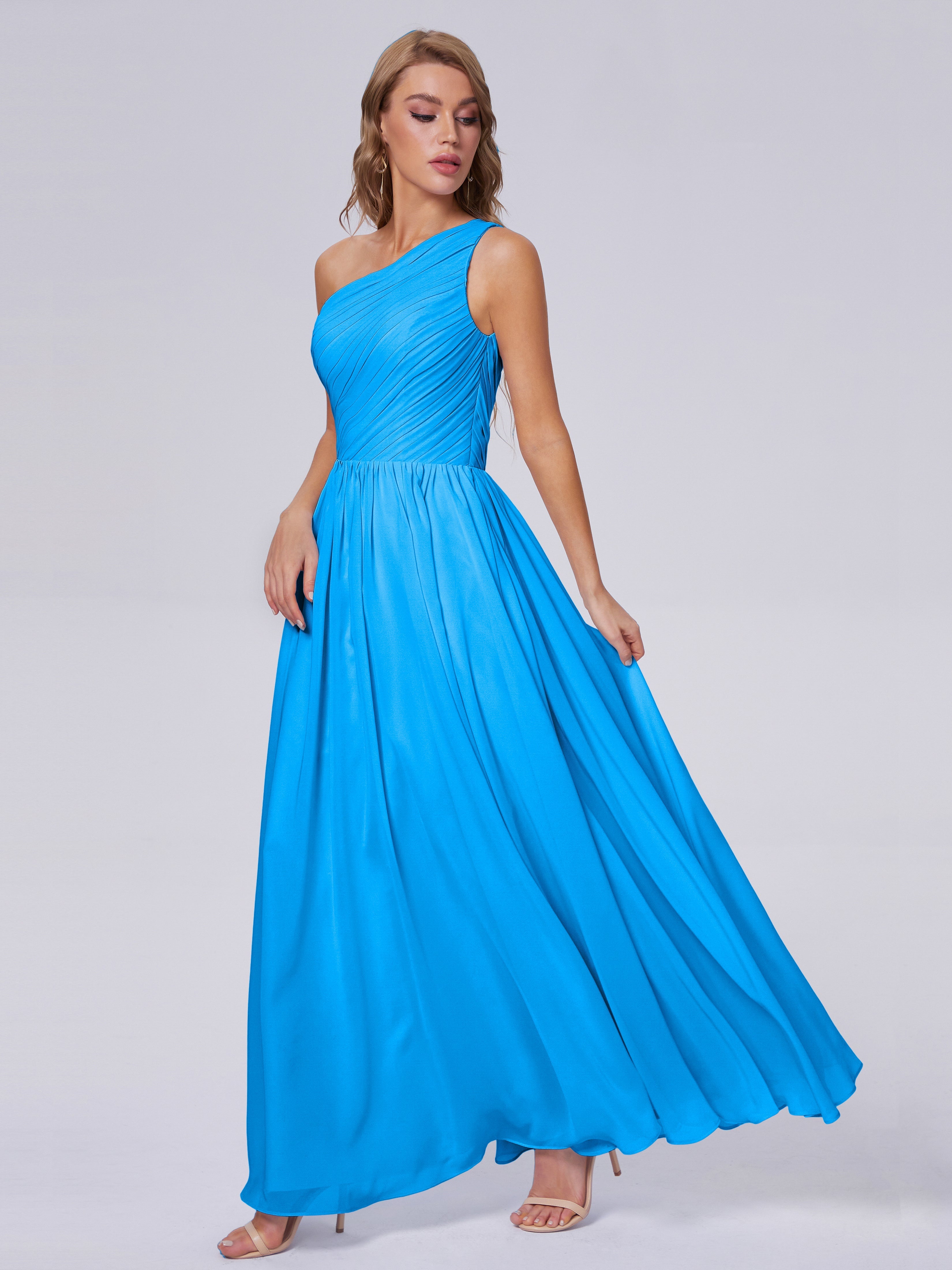 Robes De Demoiselle D'Honneur Bleu Océan Seule-Épaule Mousseline Robes Demoiselle D'Honneur