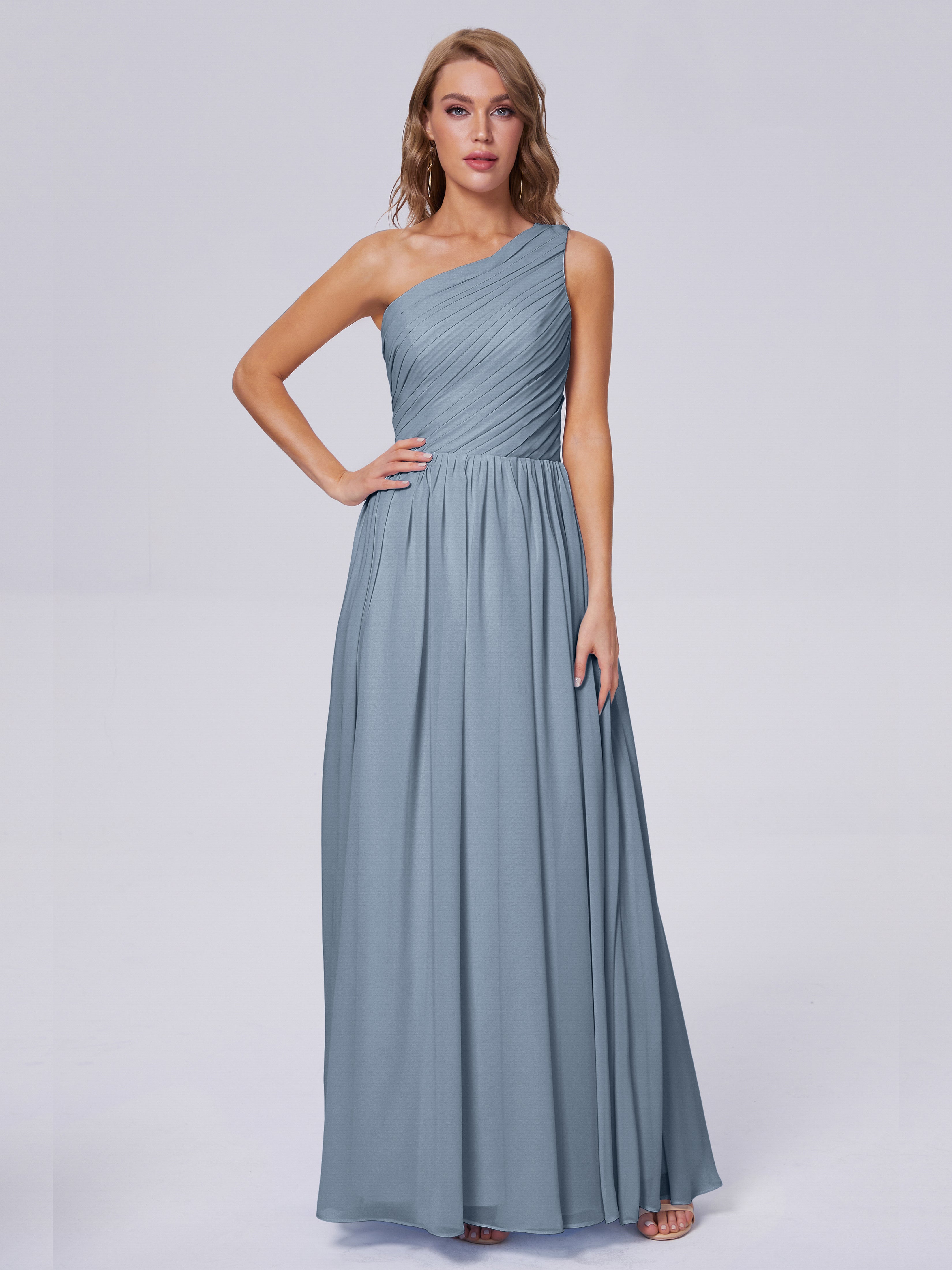 Robes De Demoiselle D'Honneur Bleu Gris Seule-Épaule Mousseline Robes Demoiselle D'Honneur