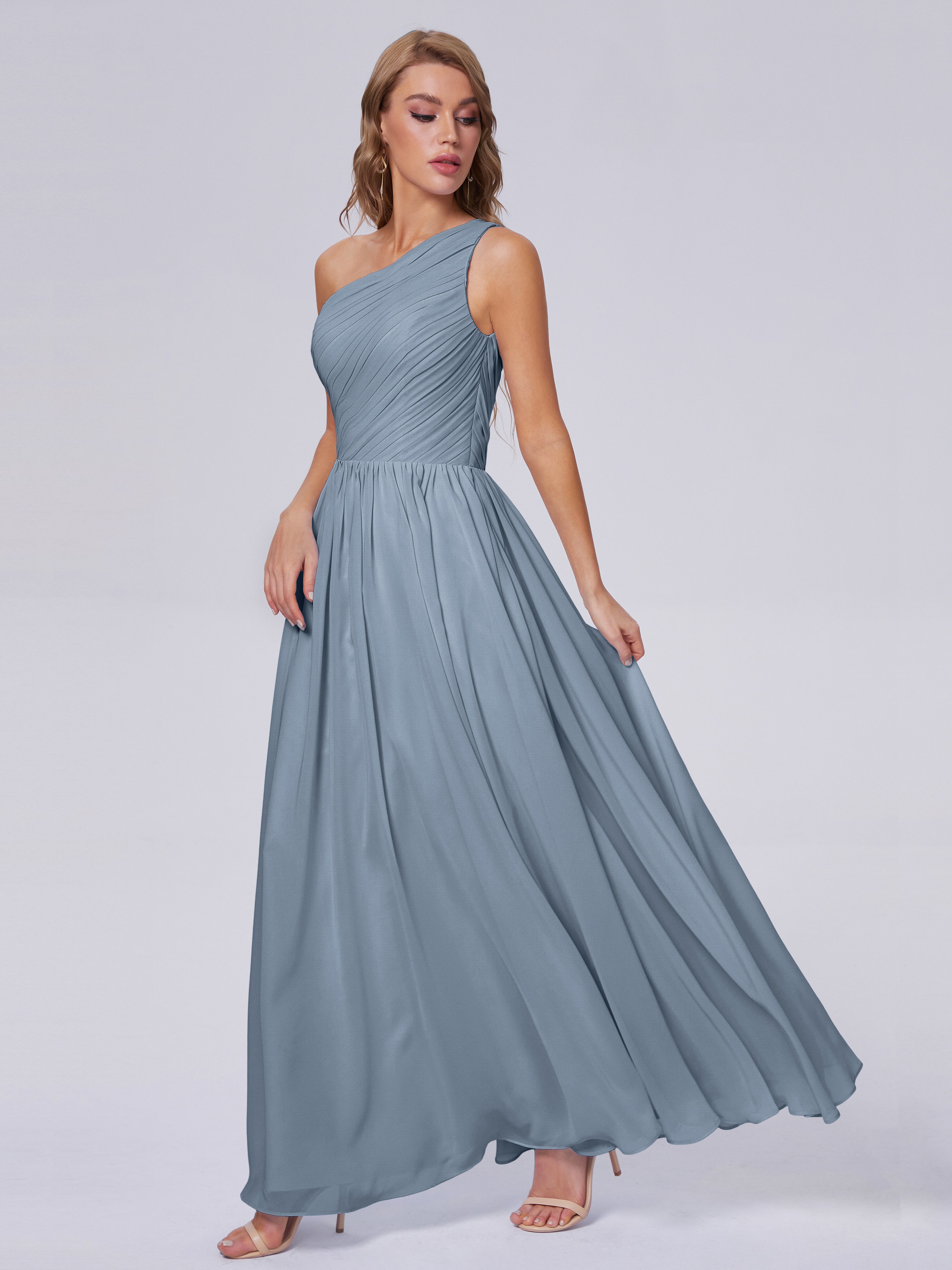 Robes De Demoiselle D'Honneur Bleu Gris Seule-Épaule Mousseline Robes Demoiselle D'Honneur