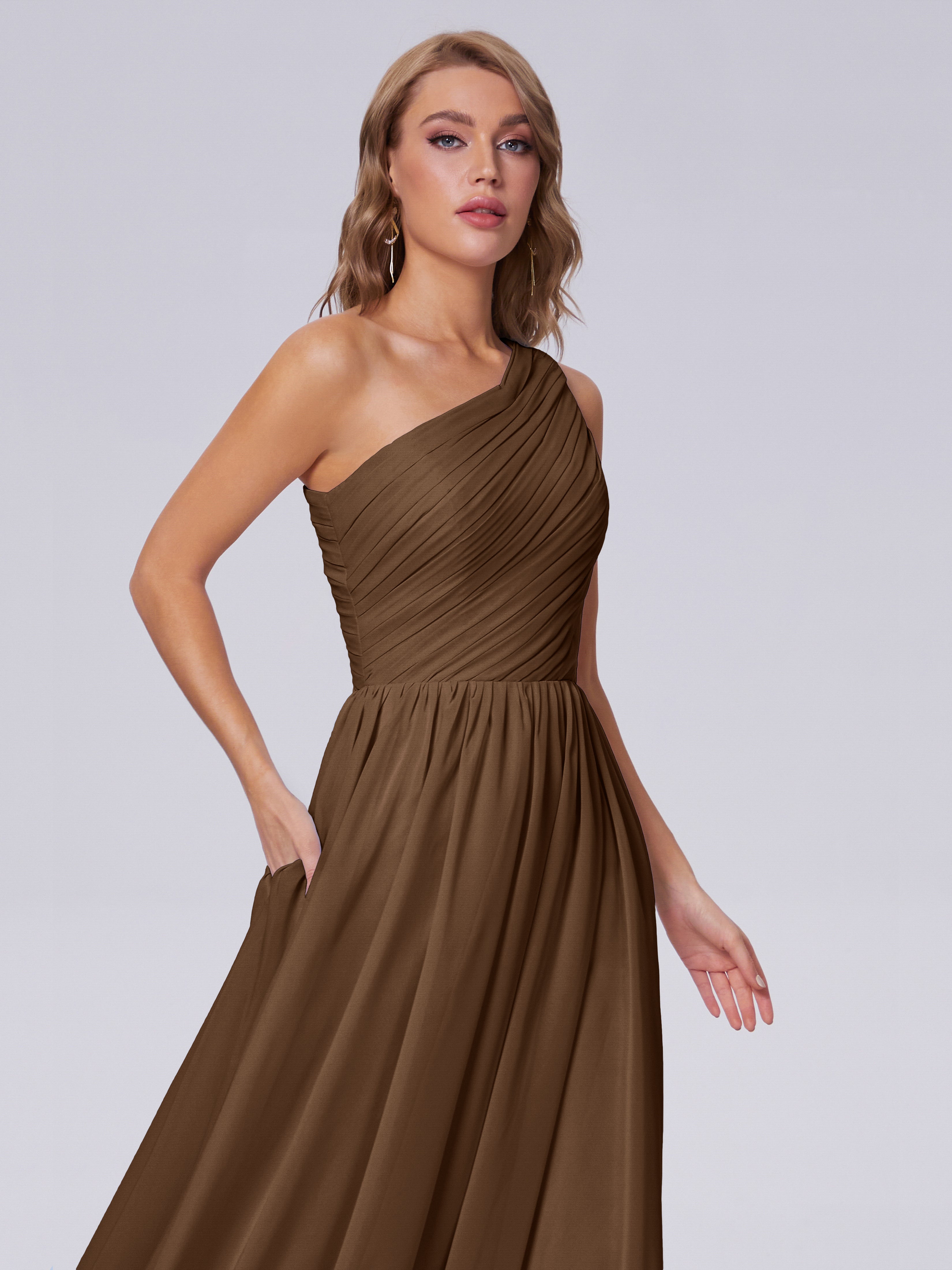 Robe Demoiselle D Honneur Brun Seule-Épaule Mousseline Robes Demoiselle D'Honneur