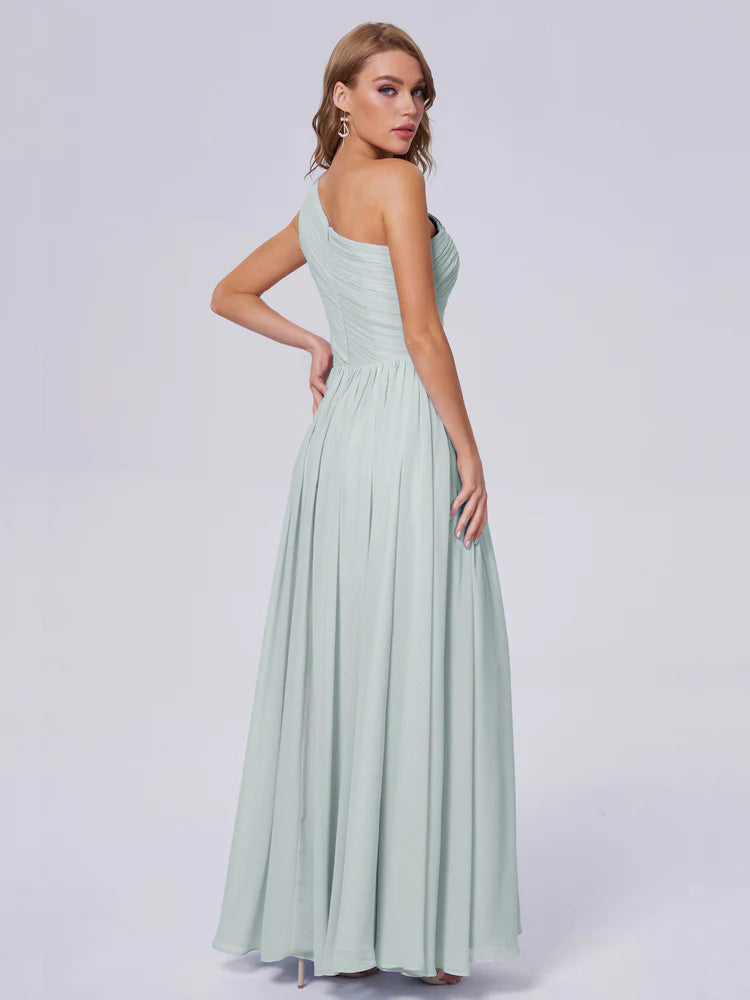 Robe Demoiselle D Honneur Vert Celadon Seule-Épaule Mousseline Robes Demoiselle D'Honneur