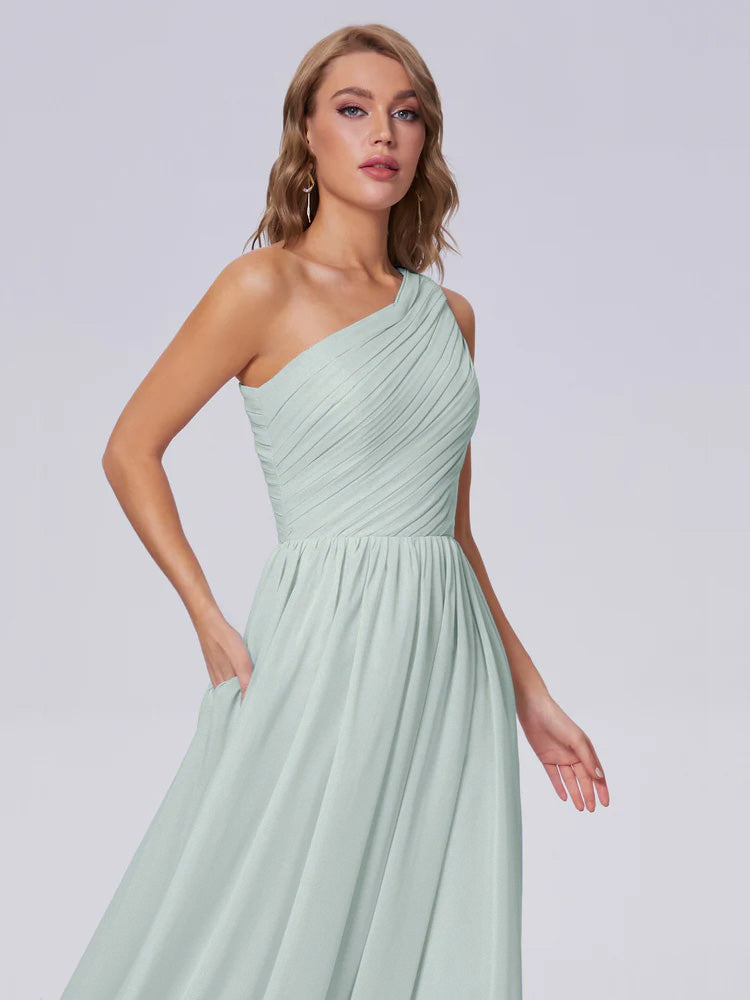 Robe Demoiselle D Honneur Vert Celadon Seule-Épaule Mousseline Robes Demoiselle D'Honneur