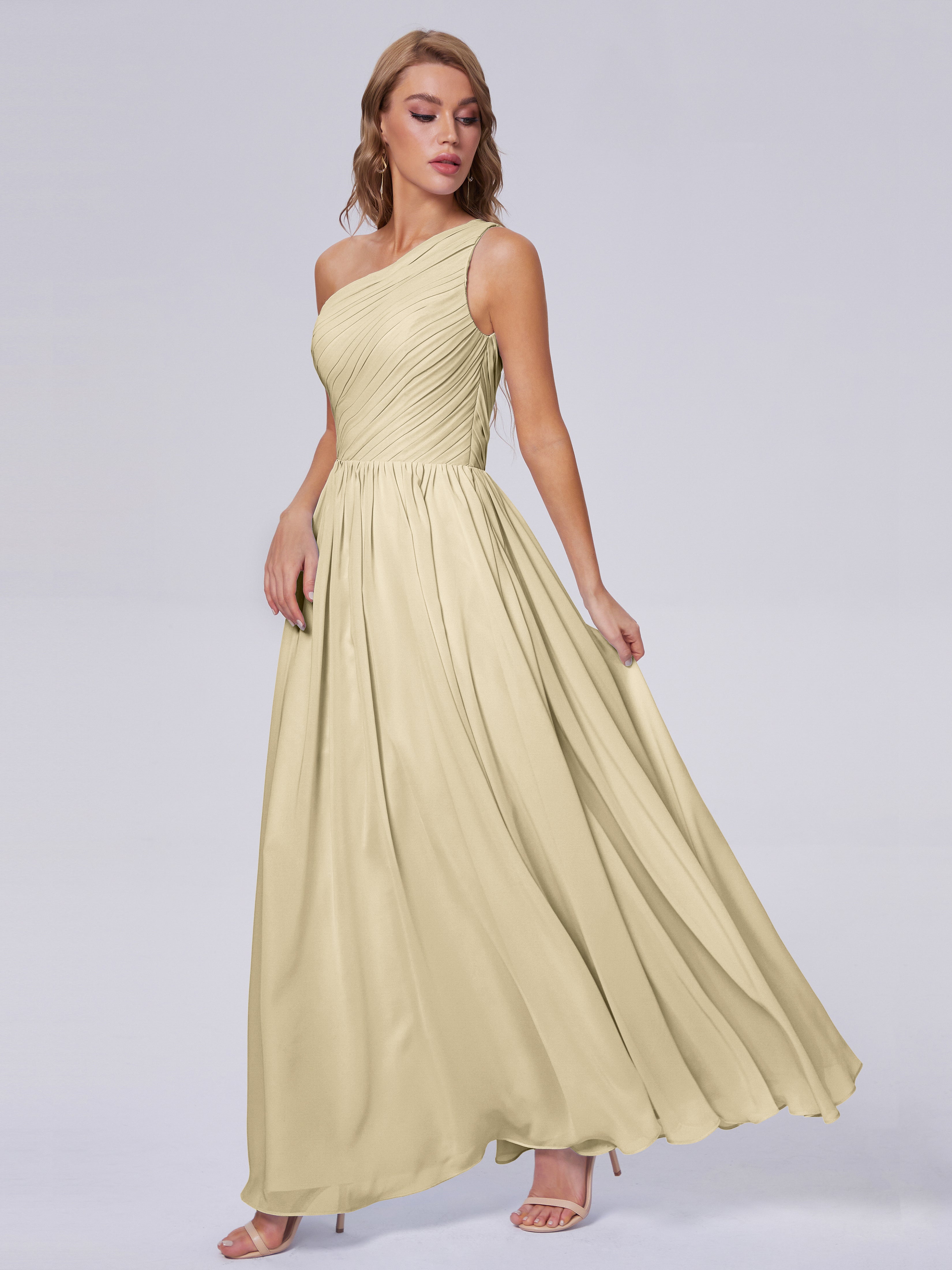 Robes De Demoiselle D'Honneur Champagne Seule-Épaule Mousseline Robes Demoiselle D'Honneur