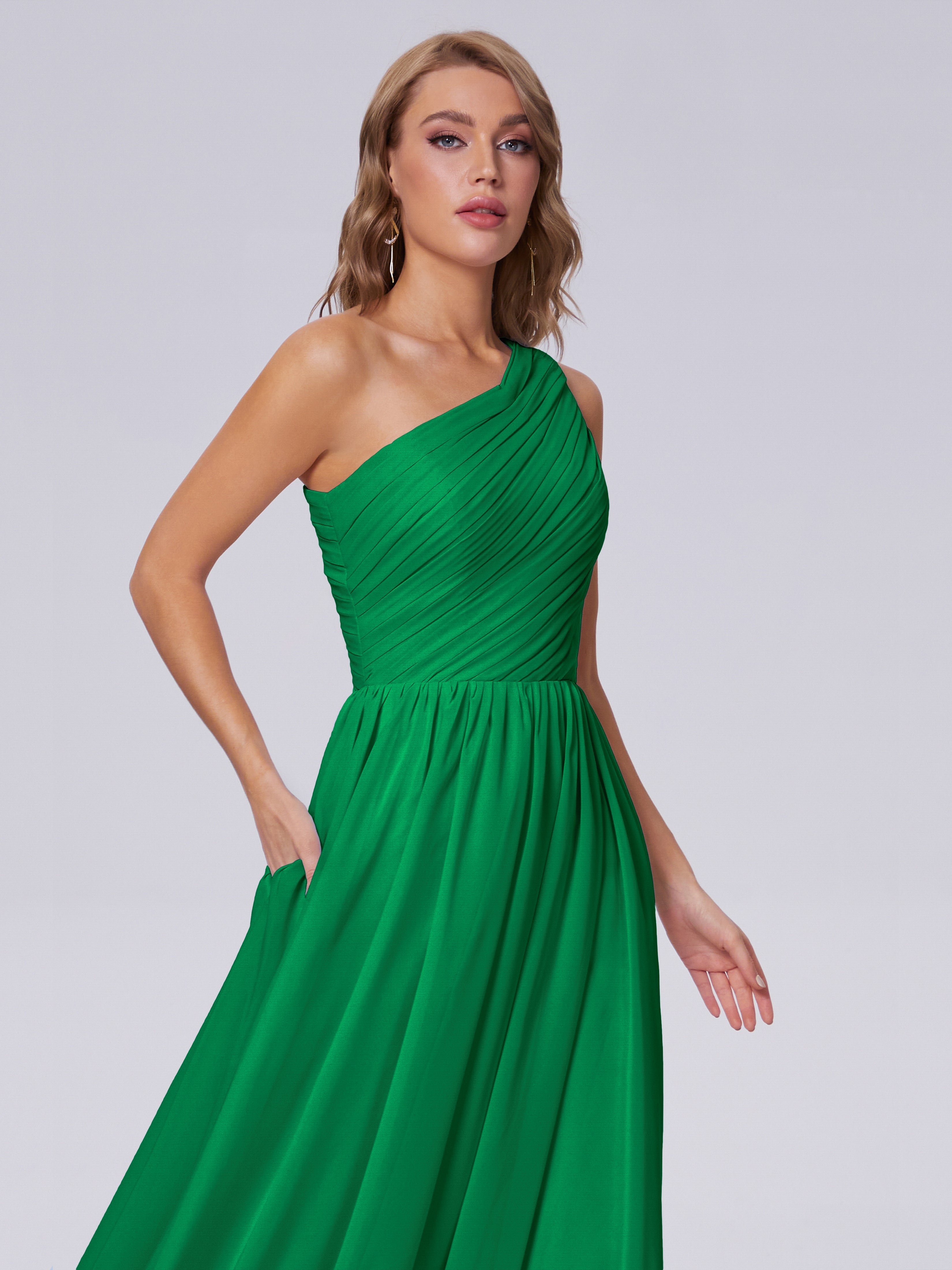 Robes De Demoiselle D'Honneur Émeraude Seule-Épaule Mousseline Robes Demoiselle D'Honneur