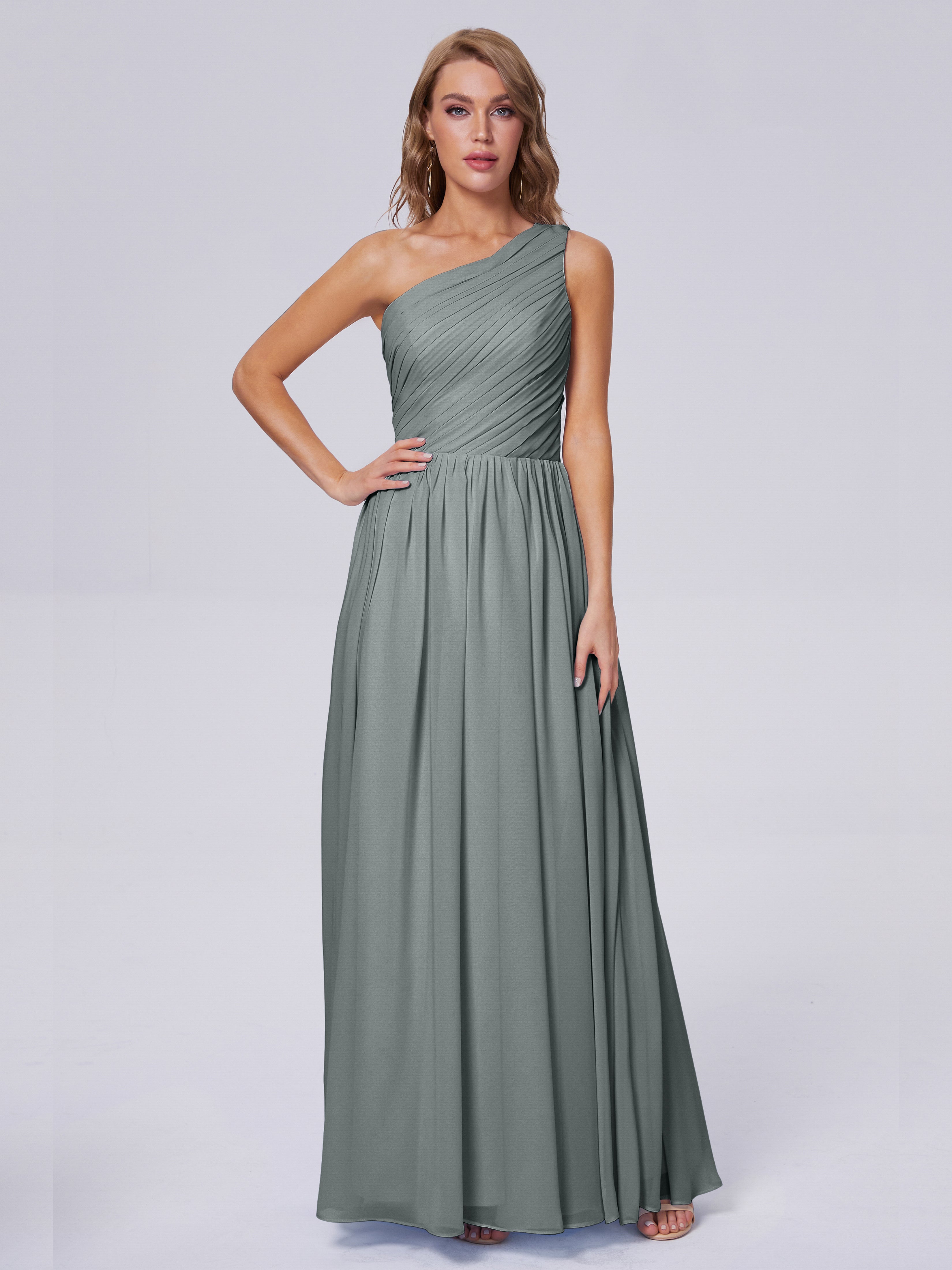 Robe Longue Grise Demoiselle D Honneur Seule-Épaule Mousseline Robes Demoiselle D'Honneur