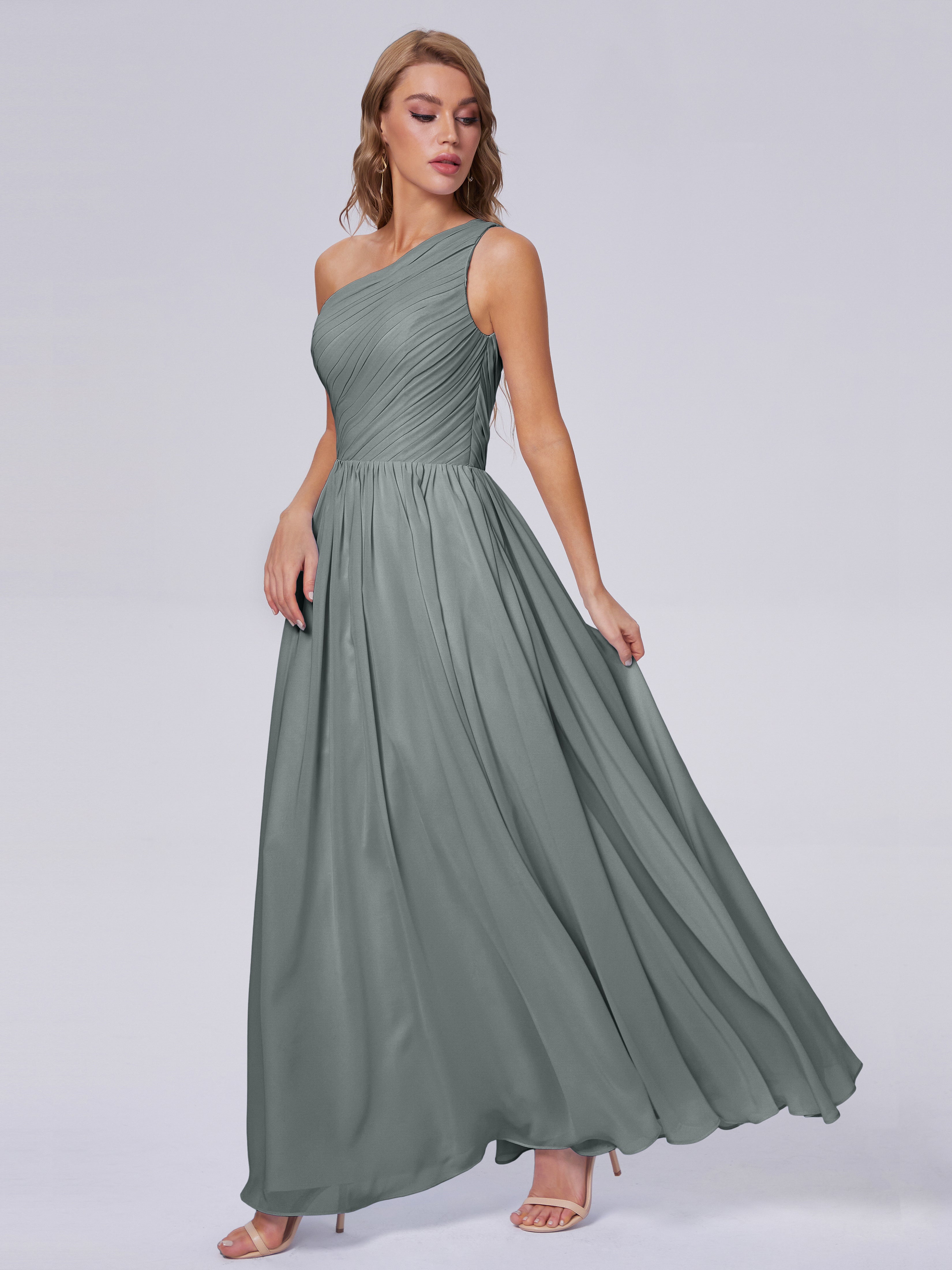 Robe Longue Grise Demoiselle D Honneur Seule-Épaule Mousseline Robes Demoiselle D'Honneur