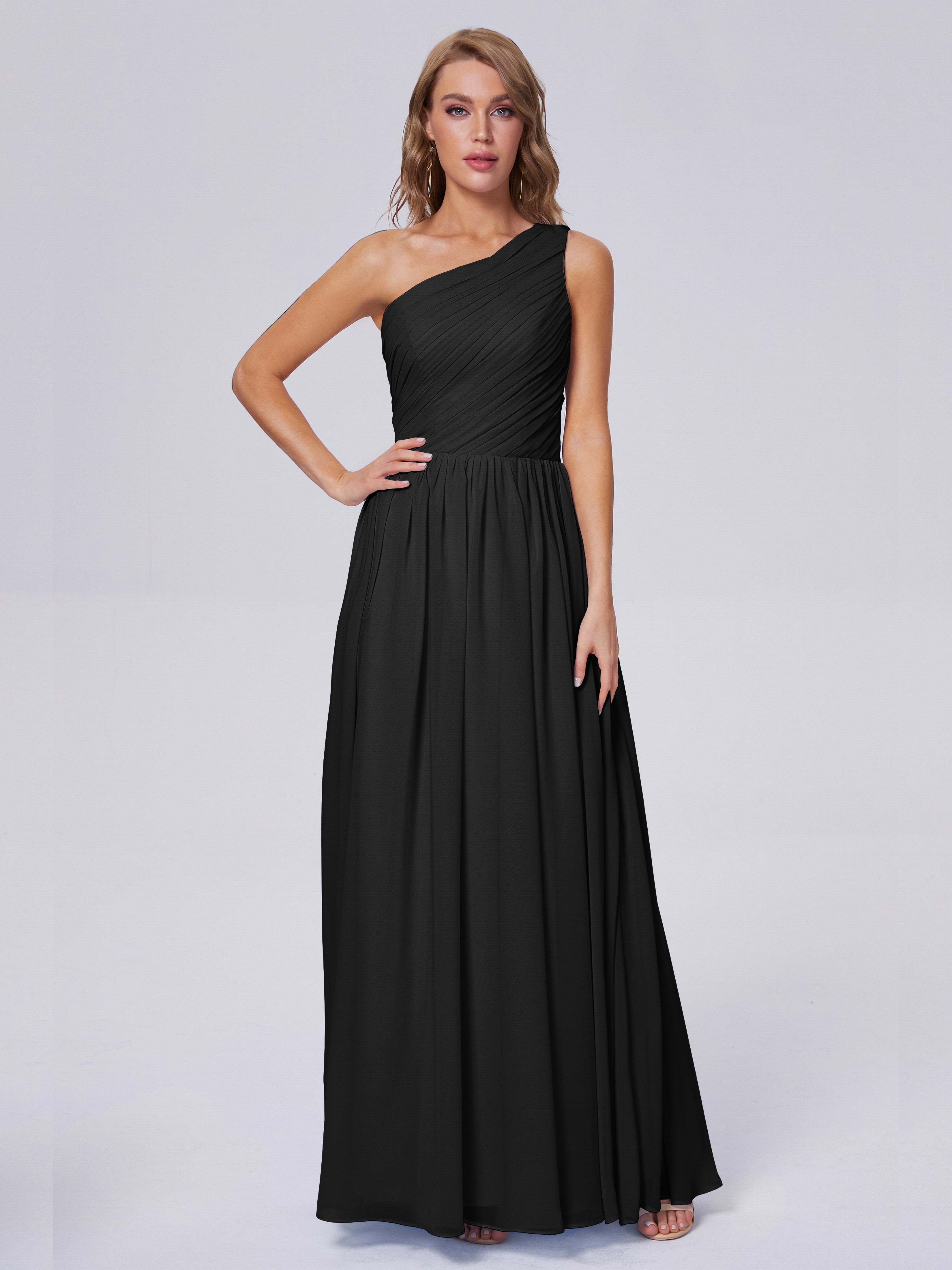 Robe Demoiselle D Honneur Noire Seule-Épaule Mousseline Robes Demoiselle D'Honneur