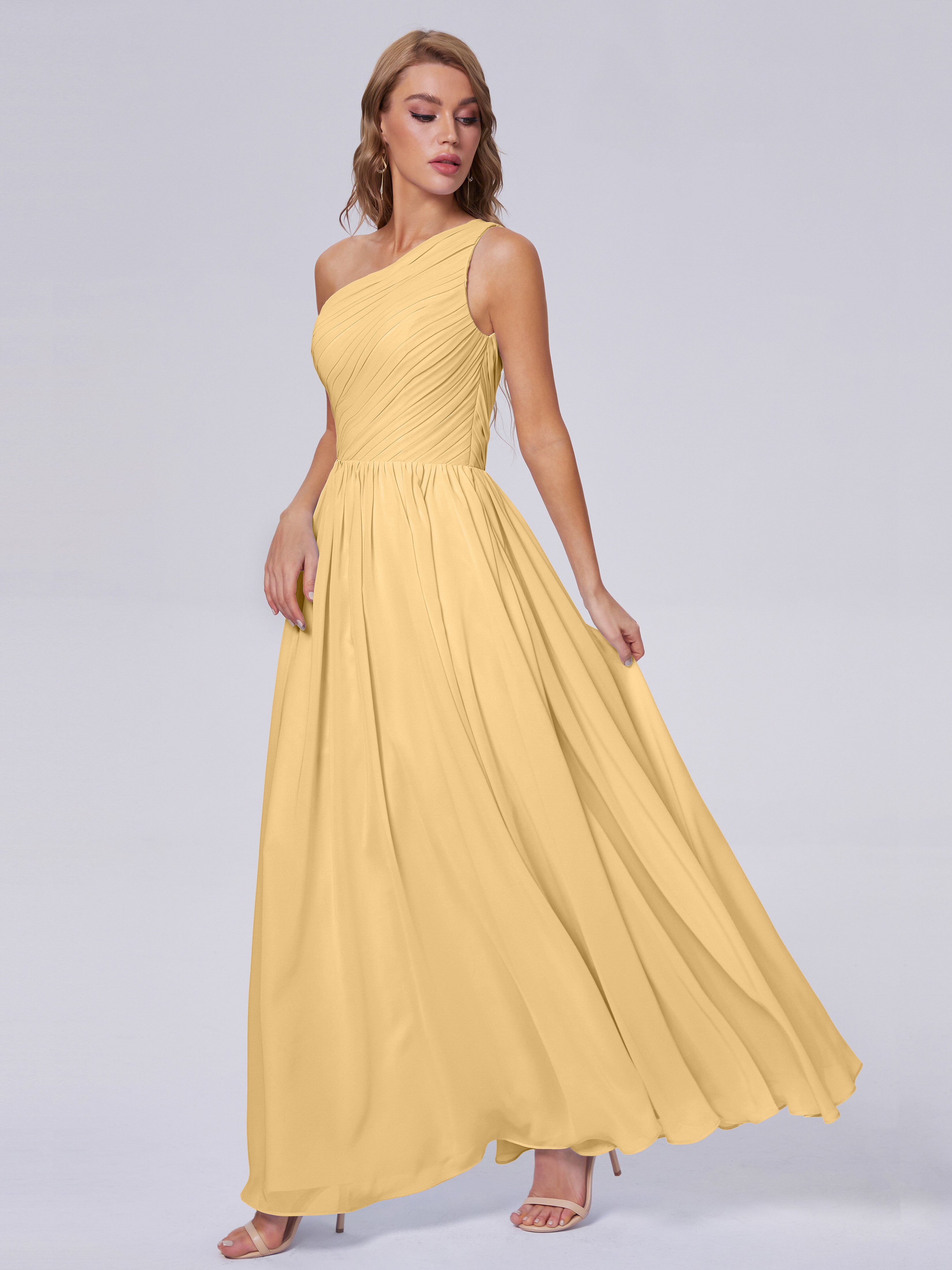 Robe De Demoiselle D Honneur Doree Seule-Épaule Mousseline Robes Demoiselle D'Honneur