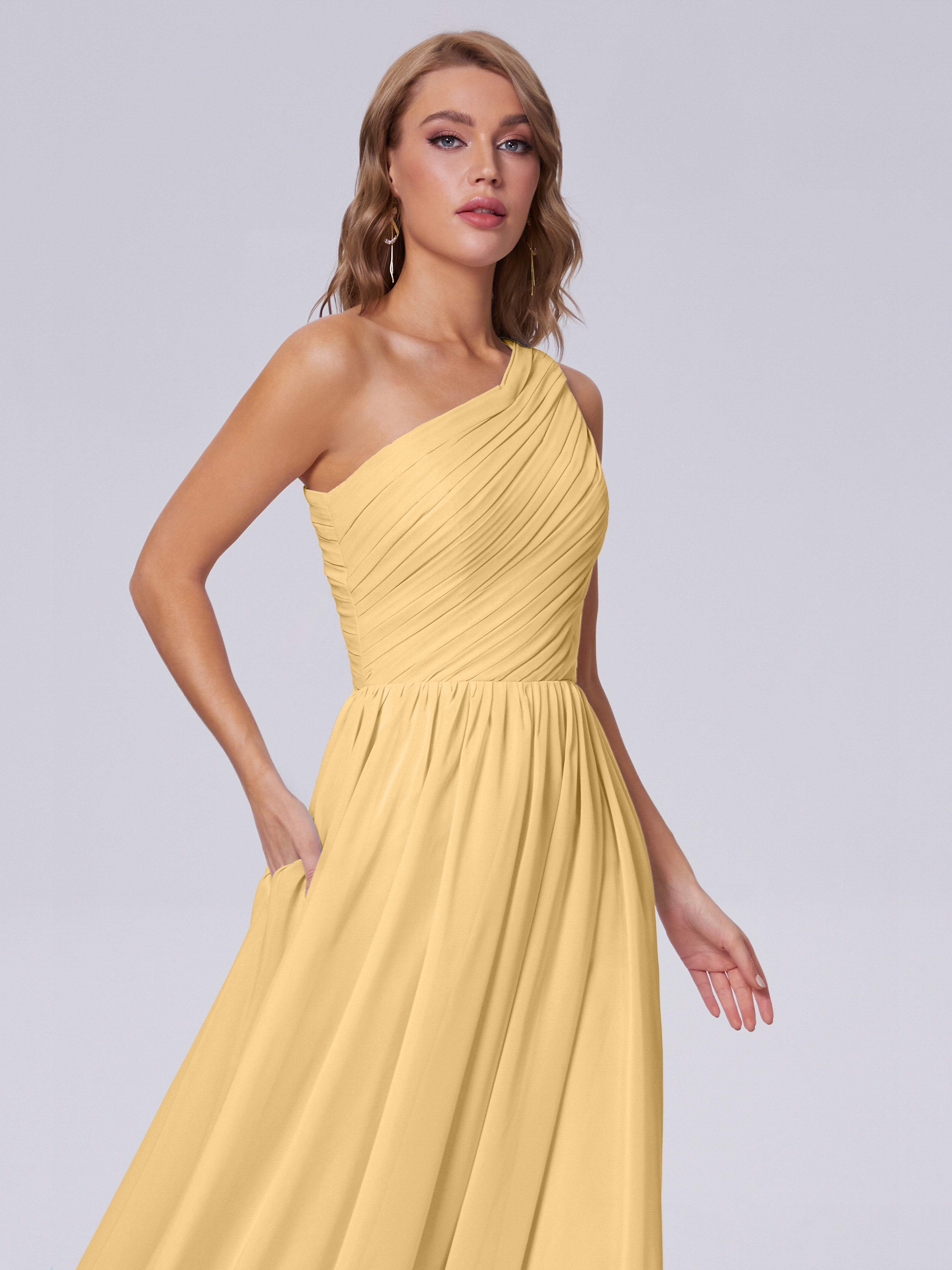 Robe De Demoiselle D Honneur Doree Seule-Épaule Mousseline Robes Demoiselle D'Honneur