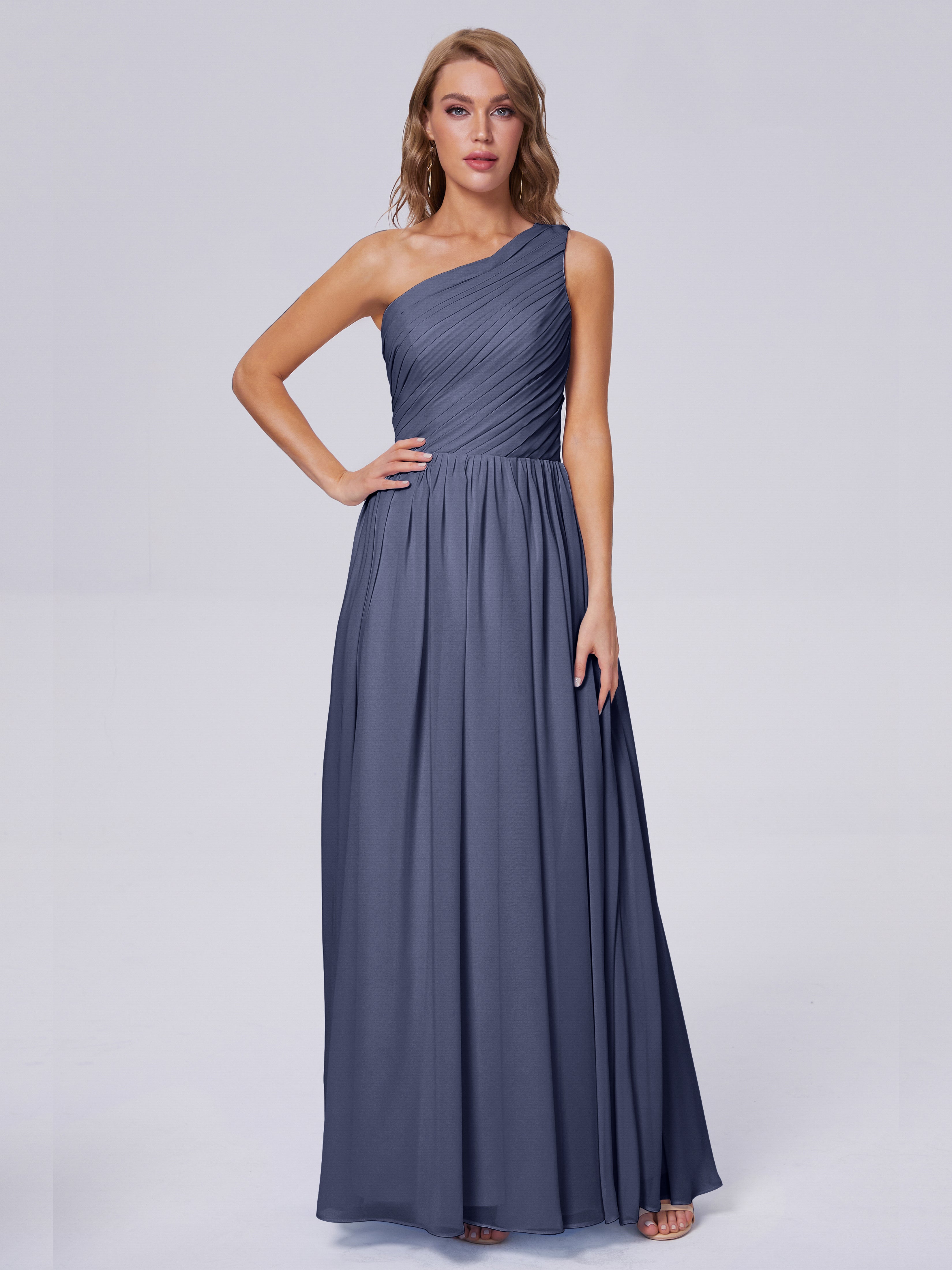 Robes De Demoiselle D'Honneur Bleu Orageux Seule-Épaule Mousseline Robes Demoiselle D'Honneur
