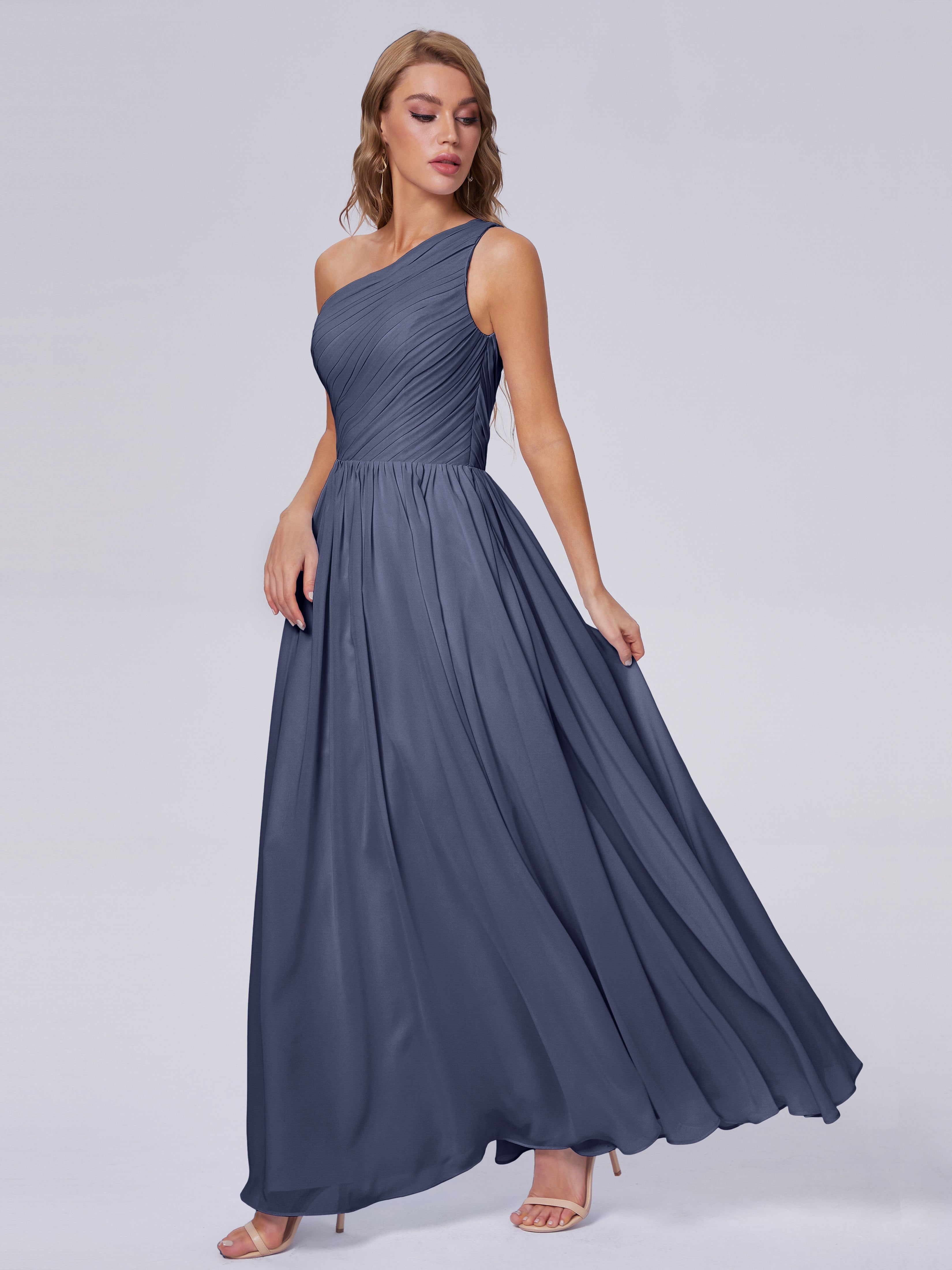 Robes De Demoiselle D'Honneur Bleu Orageux Seule-Épaule Mousseline Robes Demoiselle D'Honneur