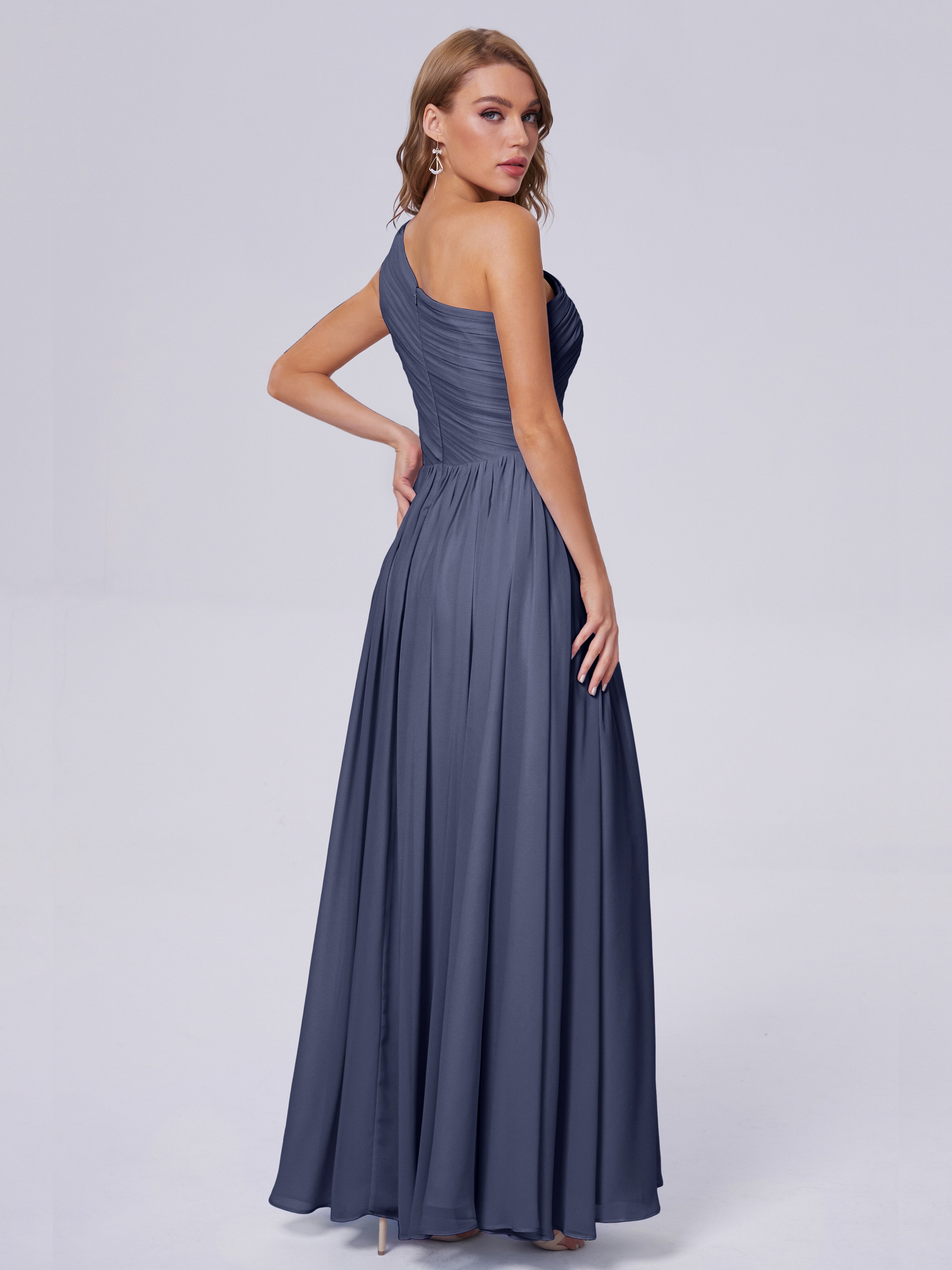 Robes De Demoiselle D'Honneur Bleu Orageux Seule-Épaule Mousseline Robes Demoiselle D'Honneur