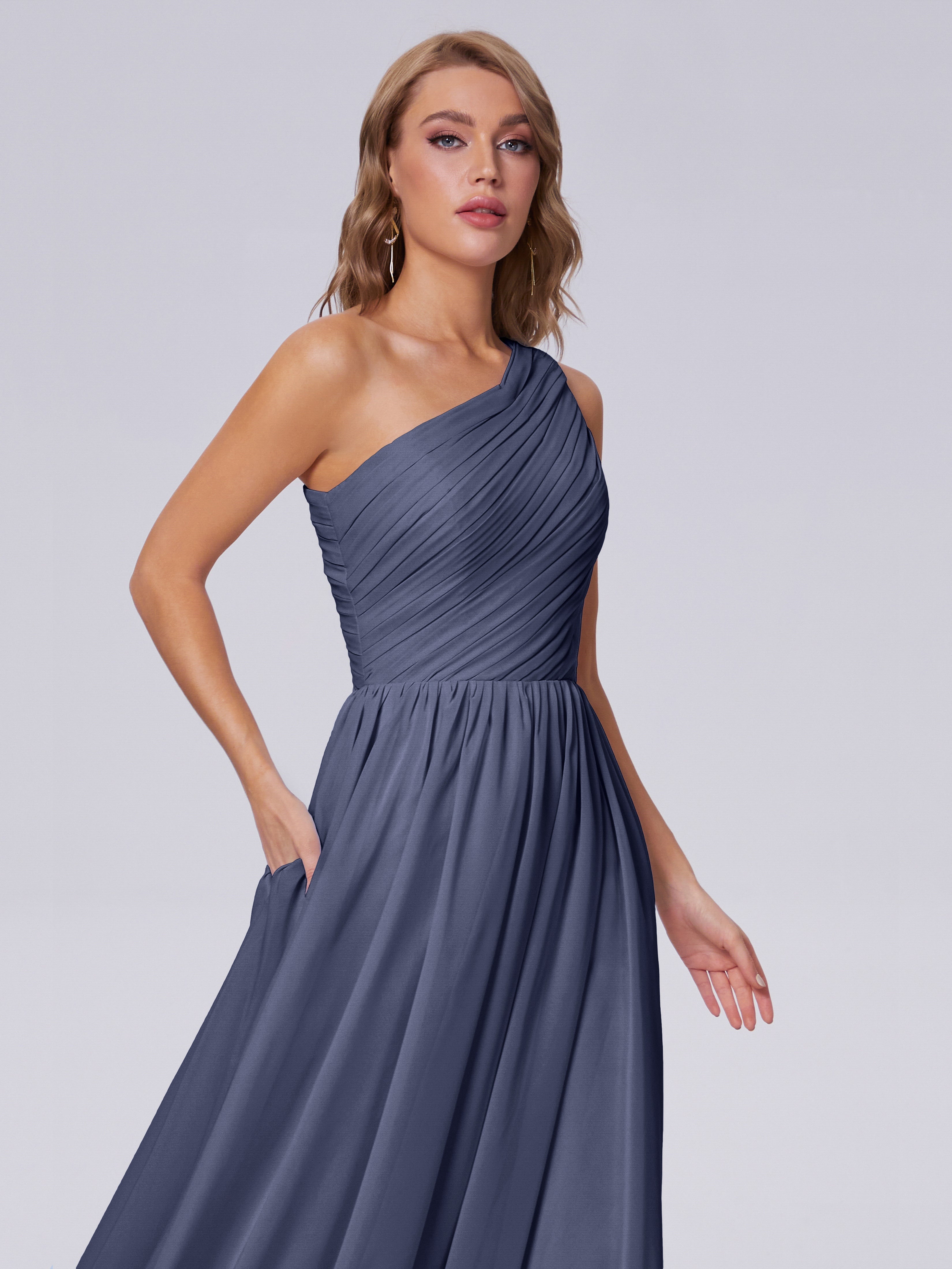 Robes De Demoiselle D'Honneur Bleu Orageux Seule-Épaule Mousseline Robes Demoiselle D'Honneur
