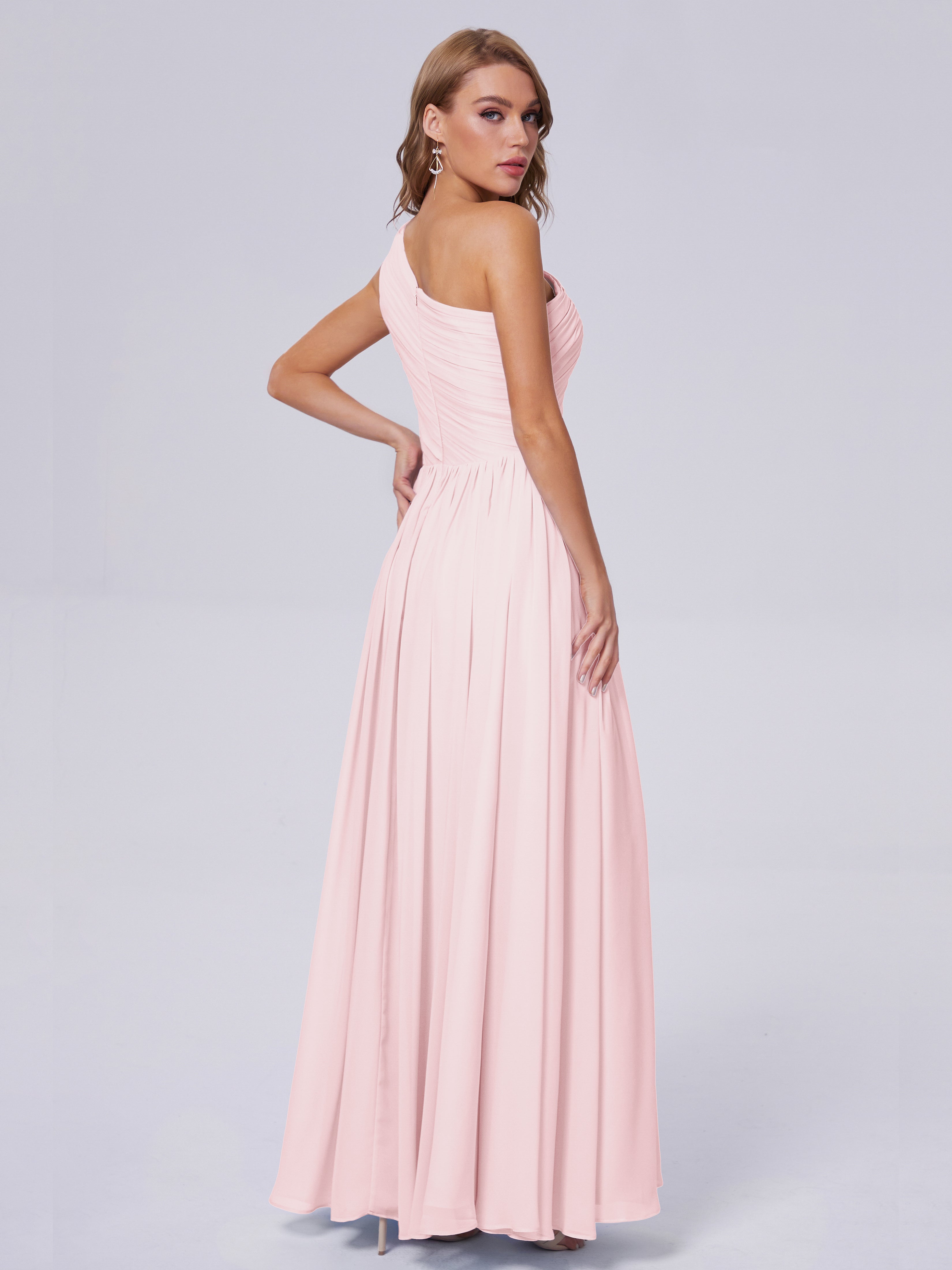 Robe Demoiselle Dhonneur Rose Pale Seule-Épaule Mousseline Robes Demoiselle D'Honneur