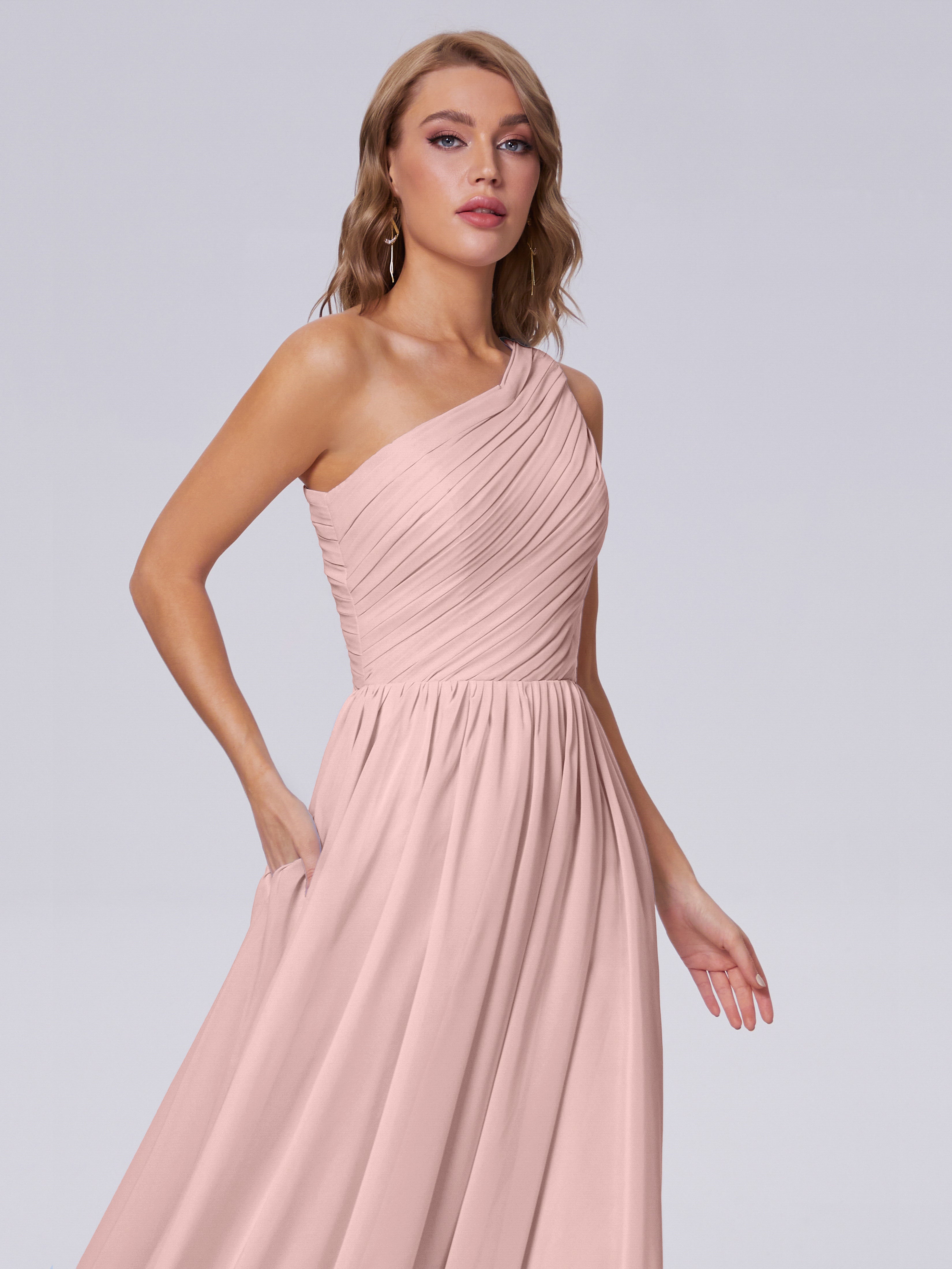 Demoiselle Temoin Robe Rose Poudré Mariage Seule-Épaule Mousseline Robes Demoiselle D'Honneur
