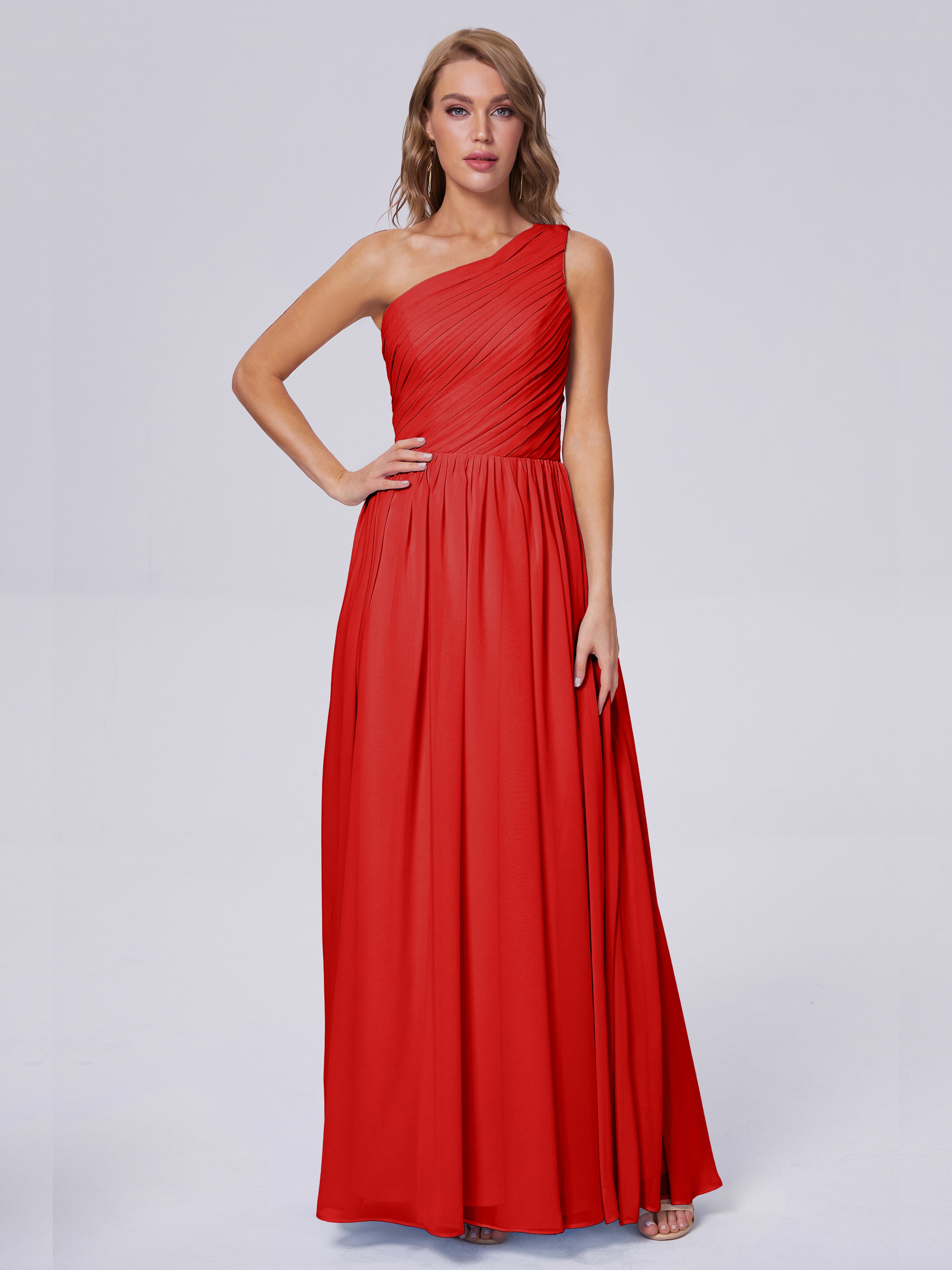 Robe Rouge Demoiselle D Honneur Seule-Épaule Mousseline Robes Demoiselle D'Honneur