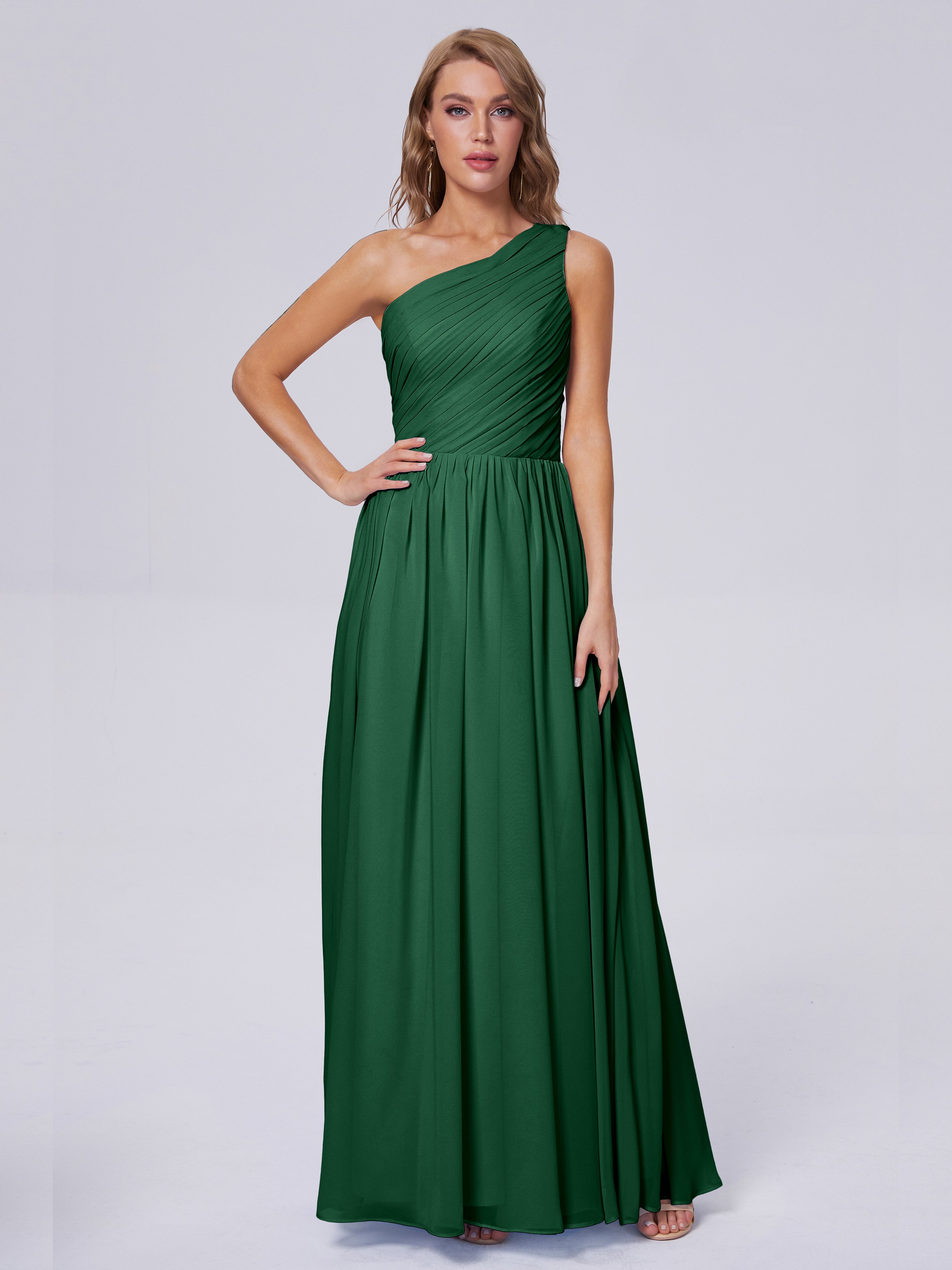 Robe Demoiselle D Honneur Vert Foncé Seule-Épaule Mousseline Robes Demoiselle D'Honneur