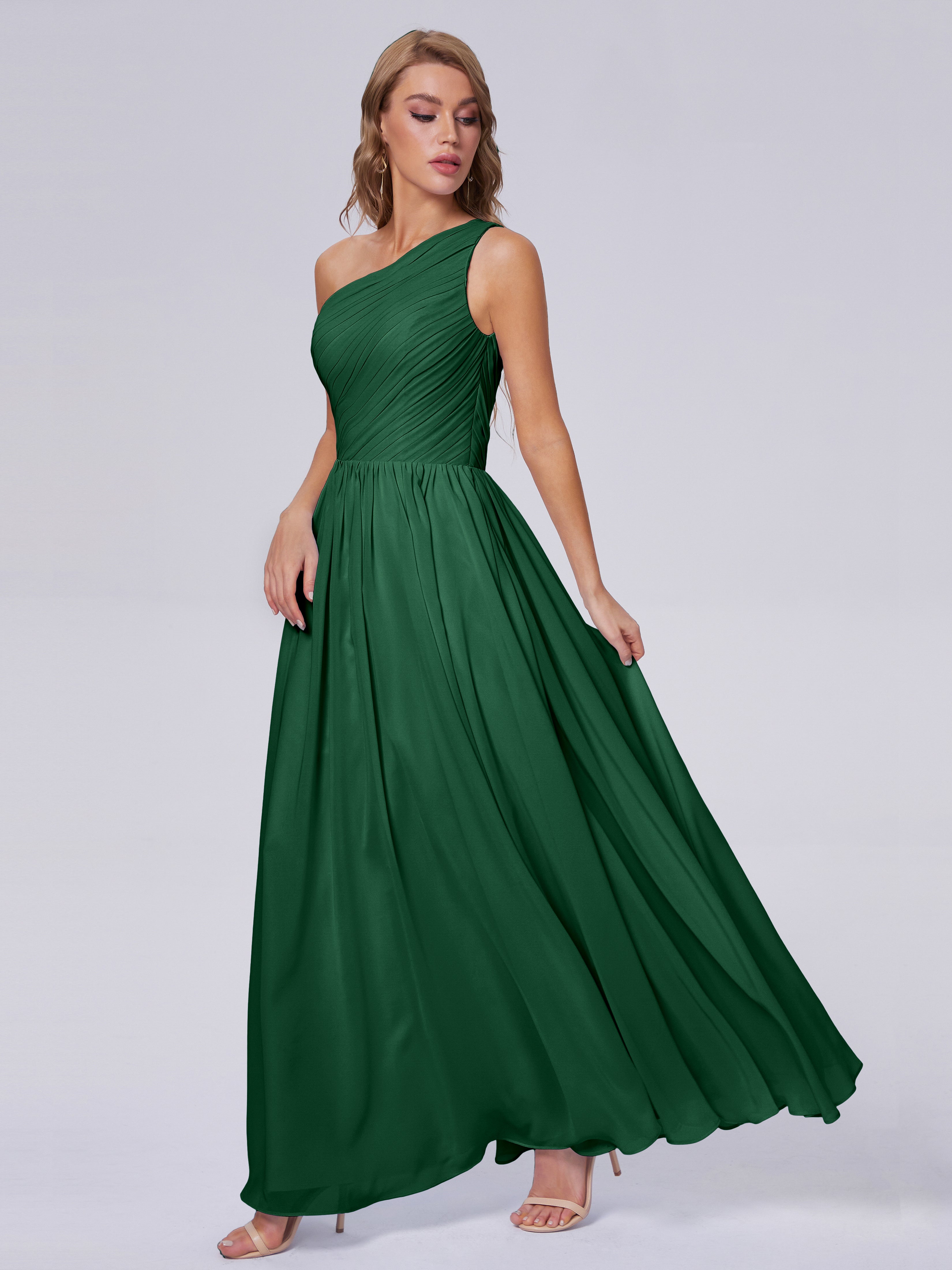 Robe Demoiselle D Honneur Vert Foncé Seule-Épaule Mousseline Robes Demoiselle D'Honneur