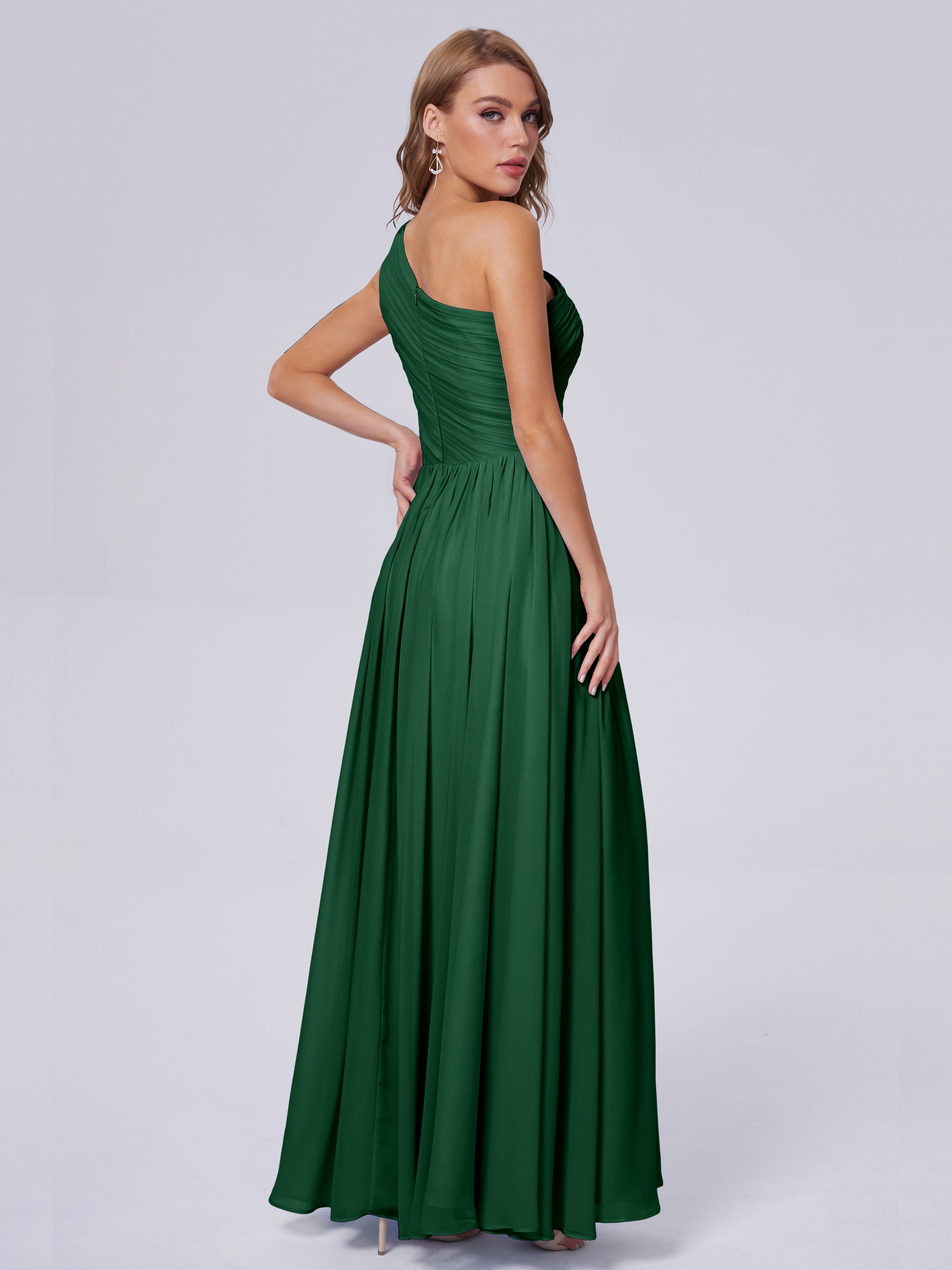Robe Demoiselle D Honneur Vert Foncé Seule-Épaule Mousseline Robes Demoiselle D'Honneur