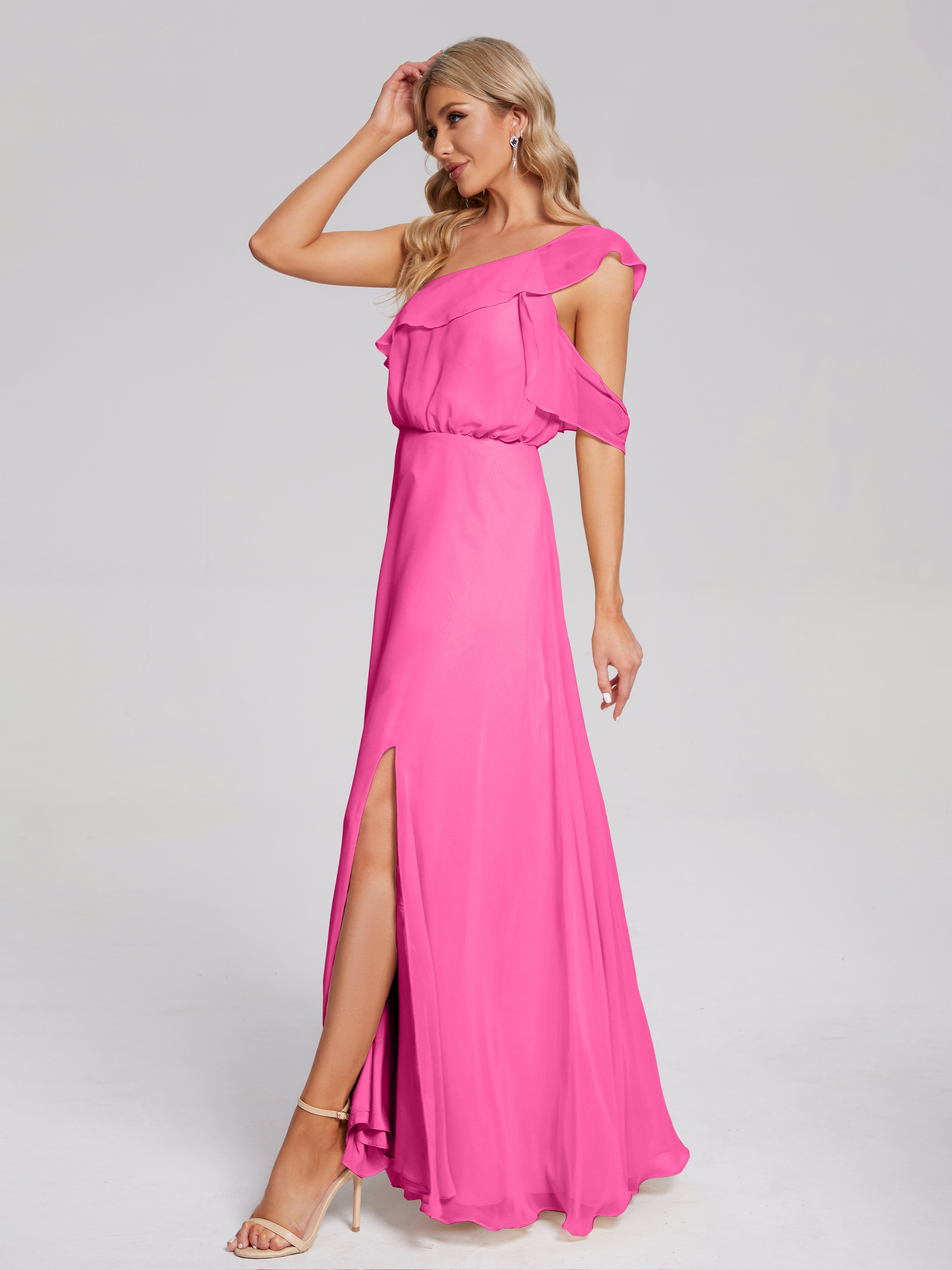 Robe Demoiselle D Honneur En Azalée Seule-Épaule Mousseline Robes Demoiselle D'Honneur À Volants