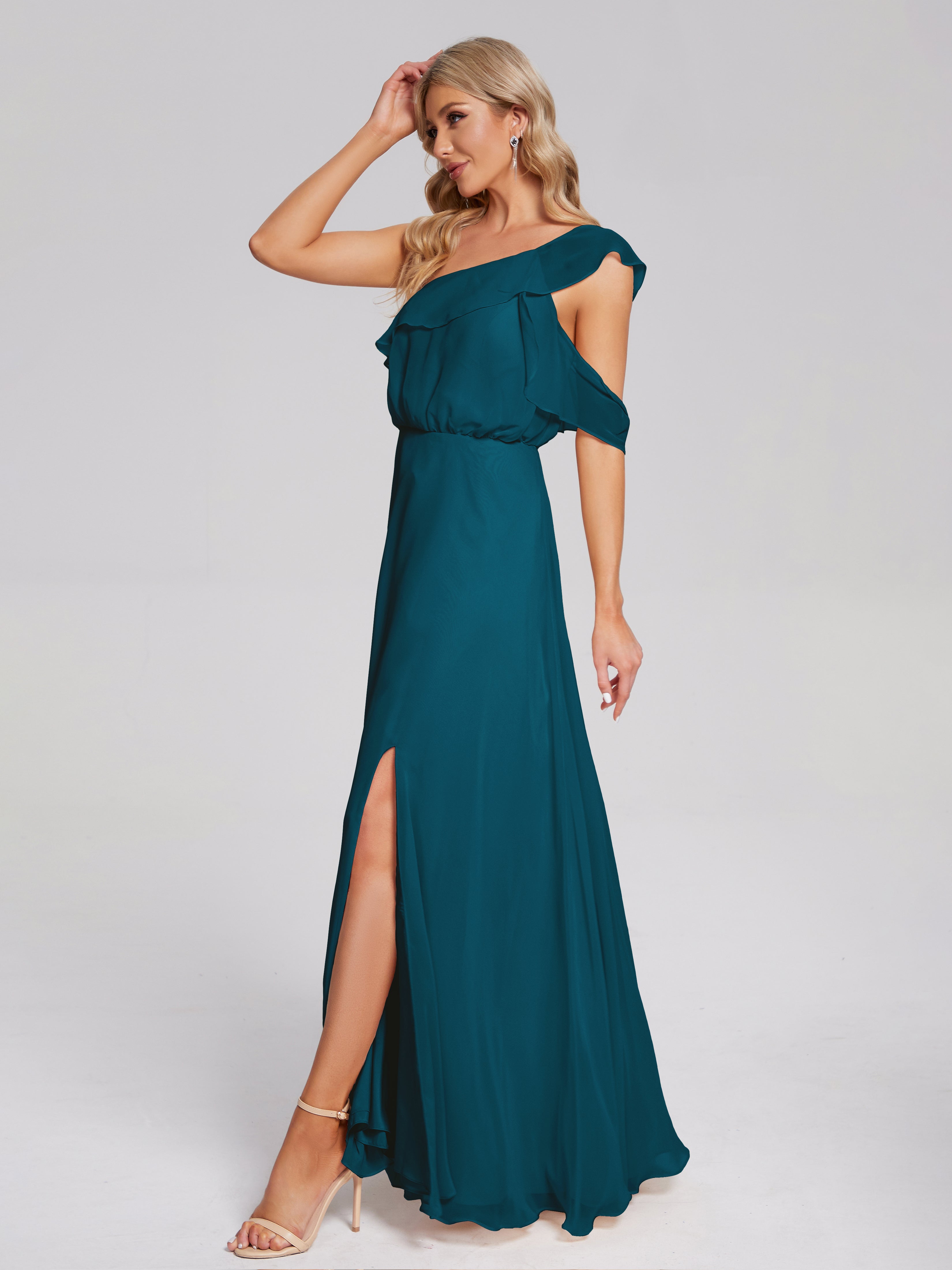 Robes De Demoiselle D'Honneur Bleu Encre Seule-Épaule Mousseline Robes Demoiselle D'Honneur À Volants