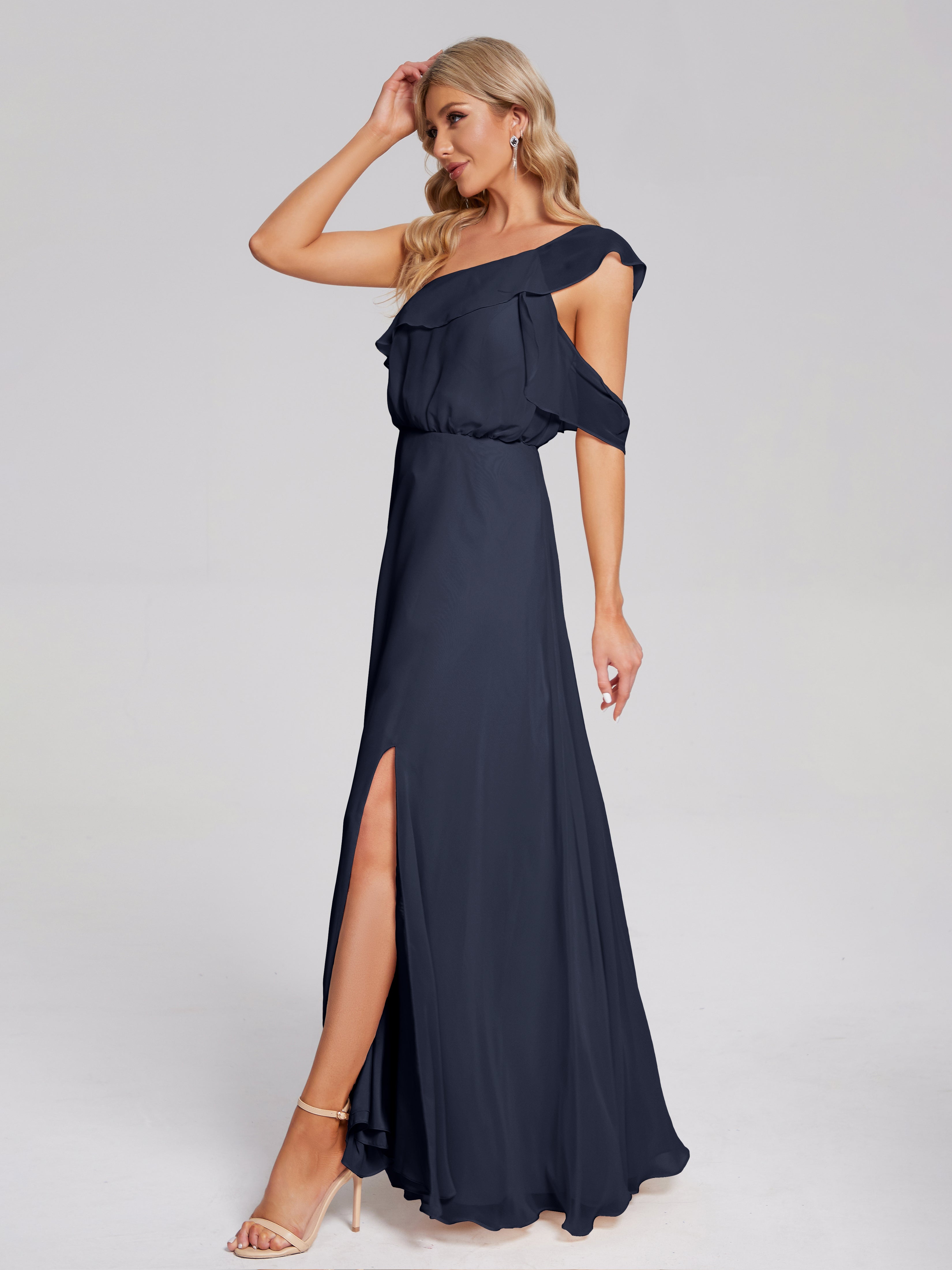 Robe Bleue Marine Demoiselle D Honneur Seule-Épaule Mousseline Robes Demoiselle D'Honneur À Volants