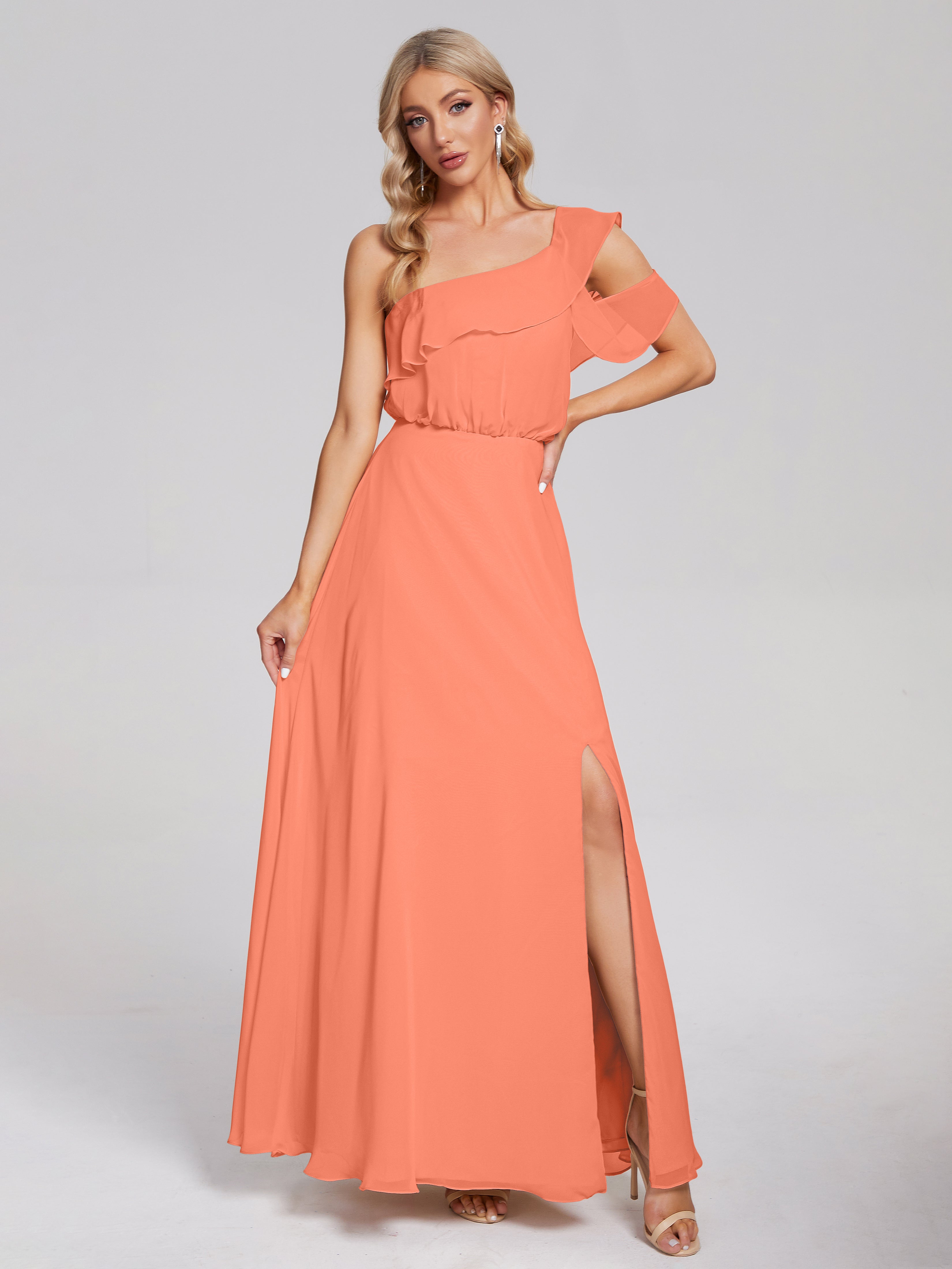 Robes De Demoiselle D'Honneur Coucher De Soleil Seule-Épaule Mousseline Robes Demoiselle D'Honneur À Volants