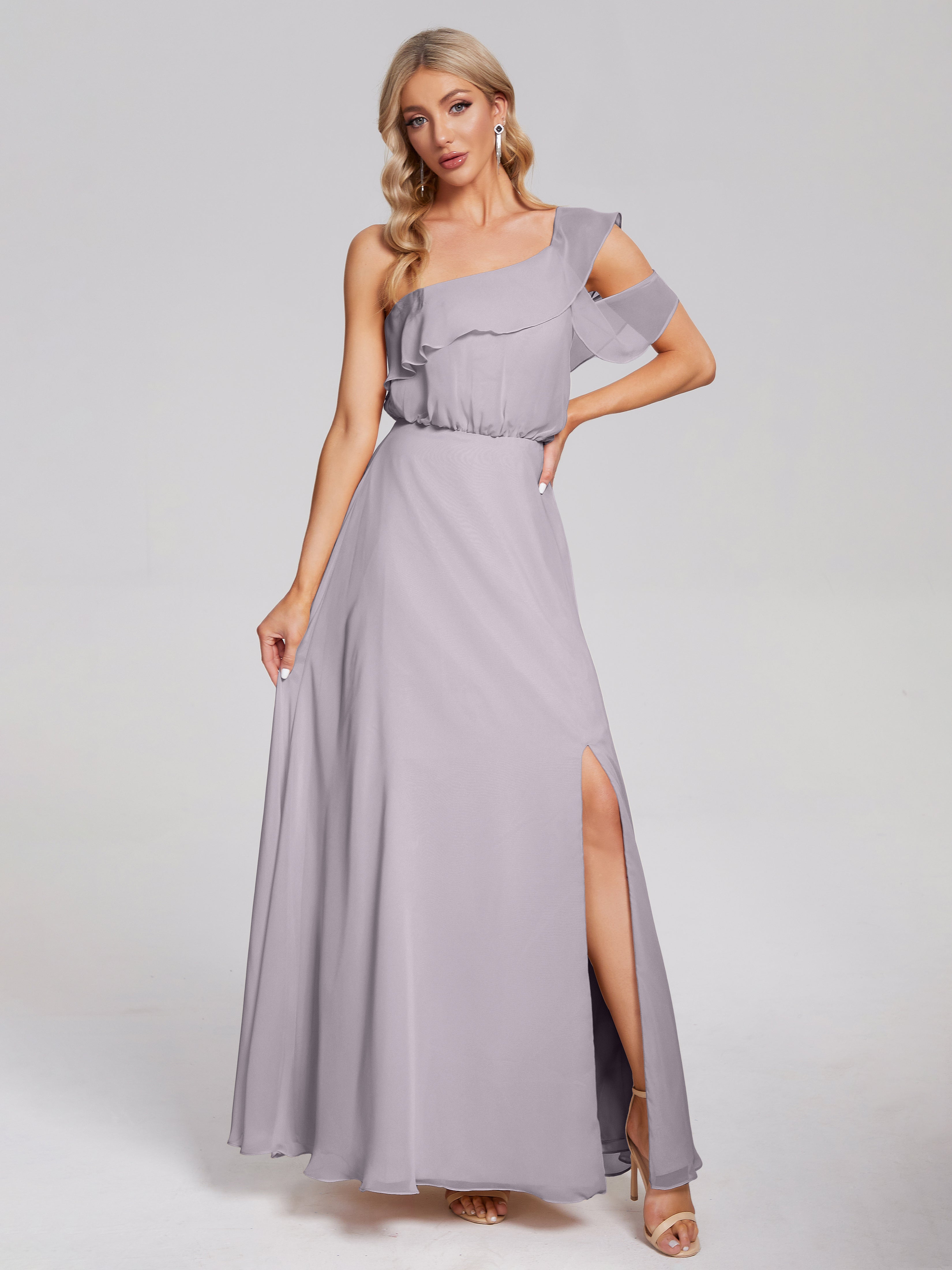 Robes De Demoiselle D'Honneur Couleur Crépuscule Seule-Épaule Mousseline Robes Demoiselle D'Honneur À Volants