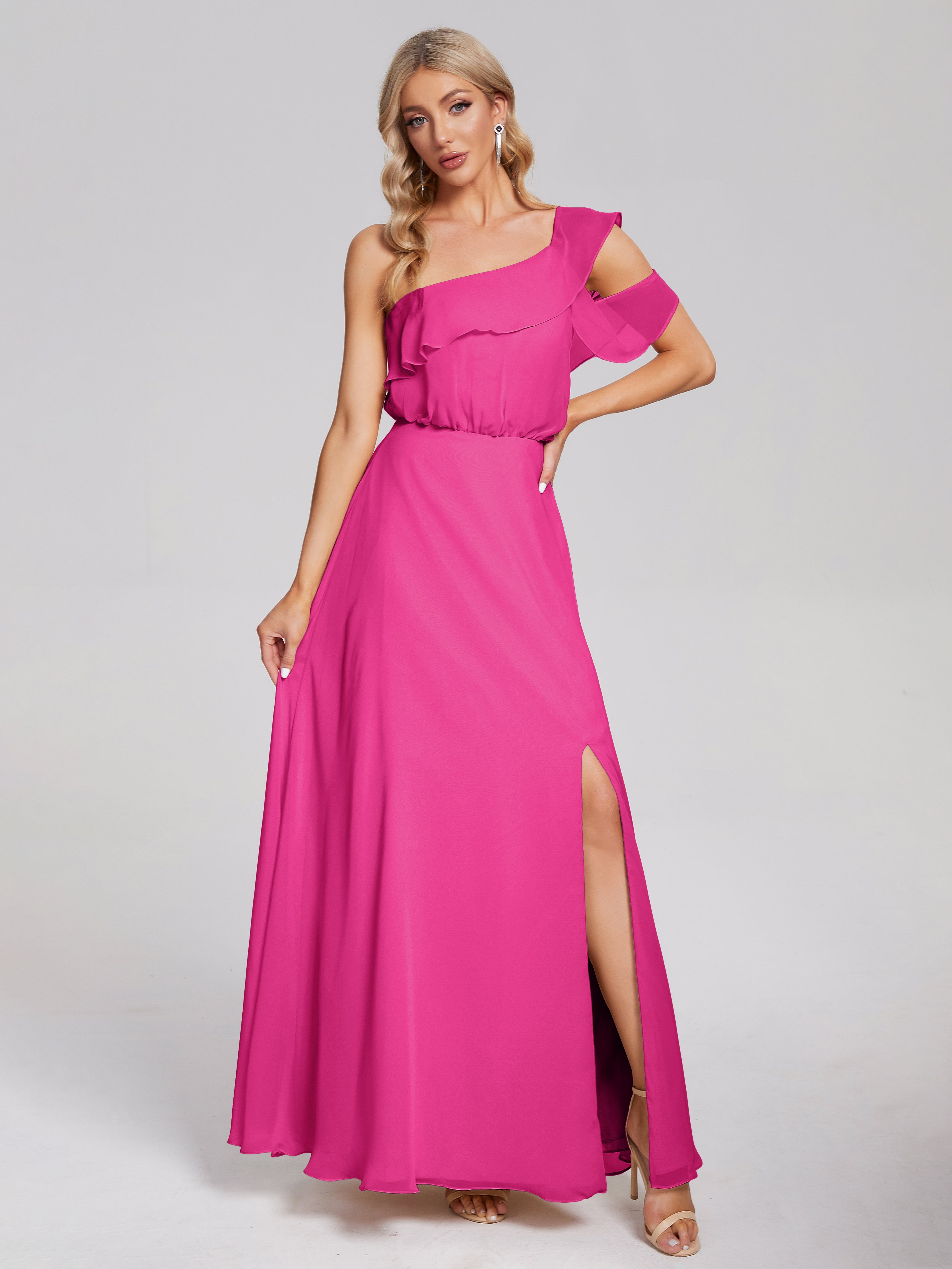 Robe Demoiselle D Honneur Rose Fuchsia Seule-Épaule Mousseline Robes Demoiselle D'Honneur À Volants